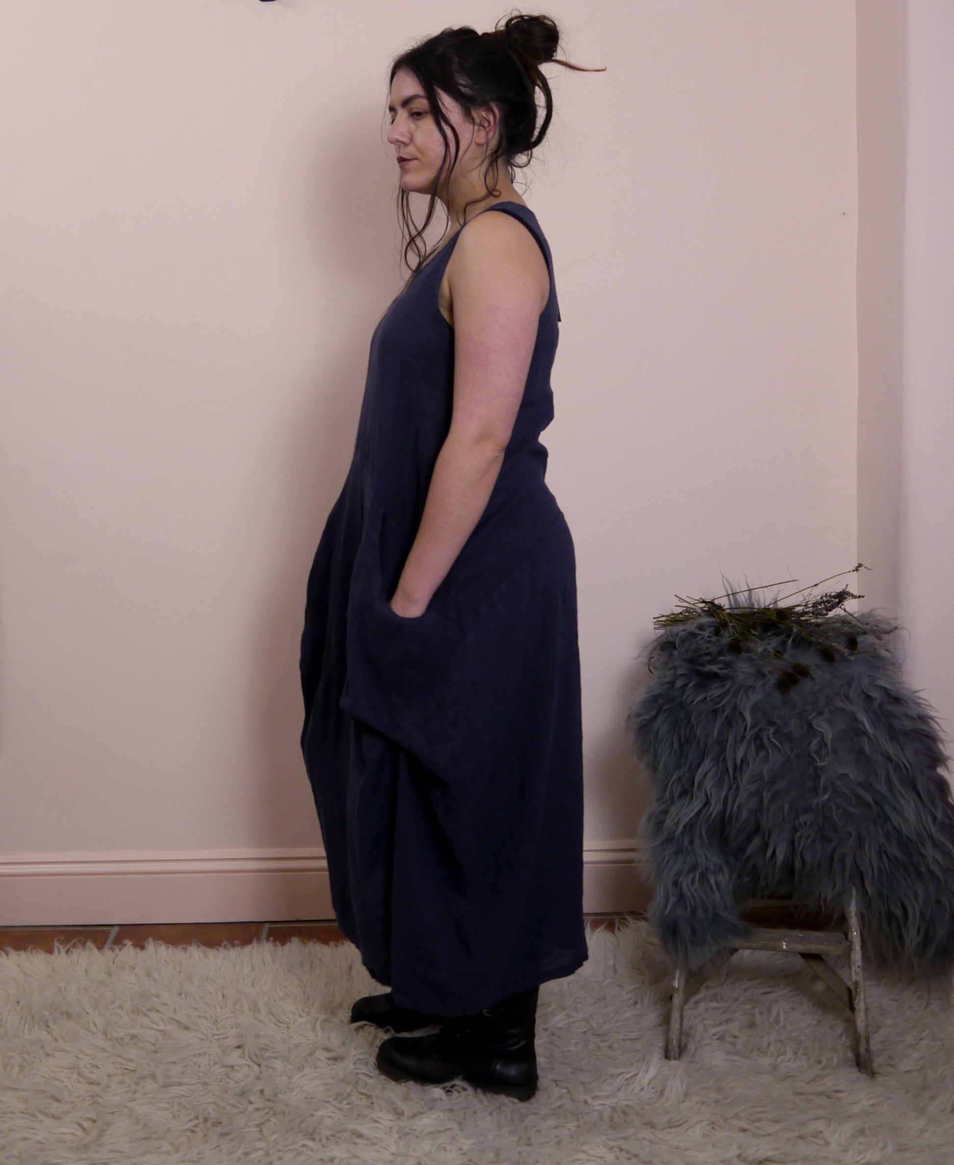 Linen Sleeveless Maxi Cocoon Dress with Pockets in Midnight