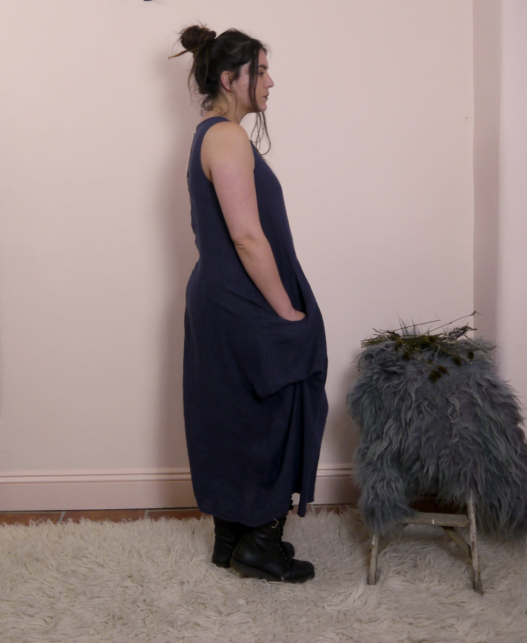 Linen Sleeveless Maxi Cocoon Dress with Pockets in Midnight