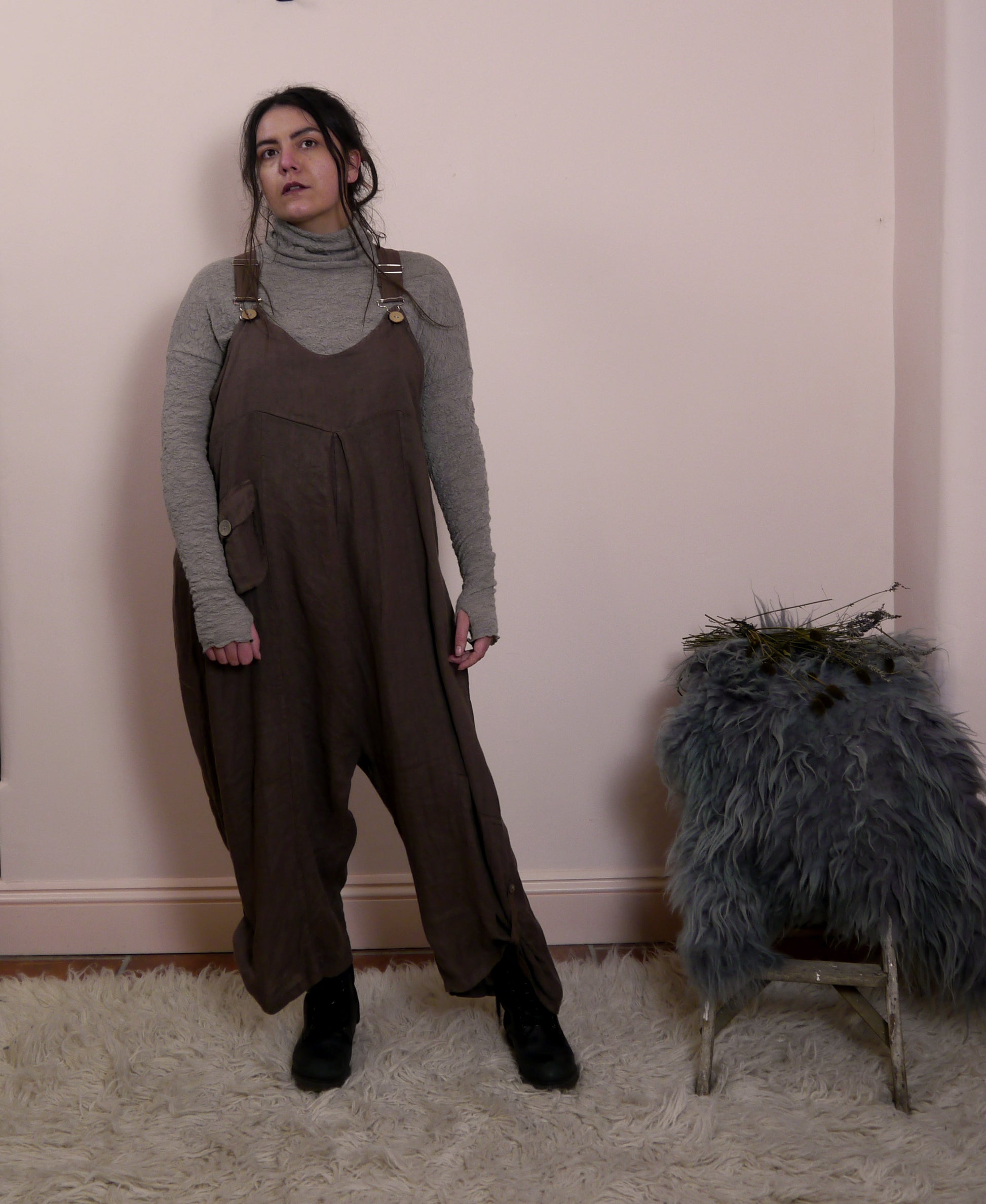 Linen Cocoon Dungarees with Buckles in Bark