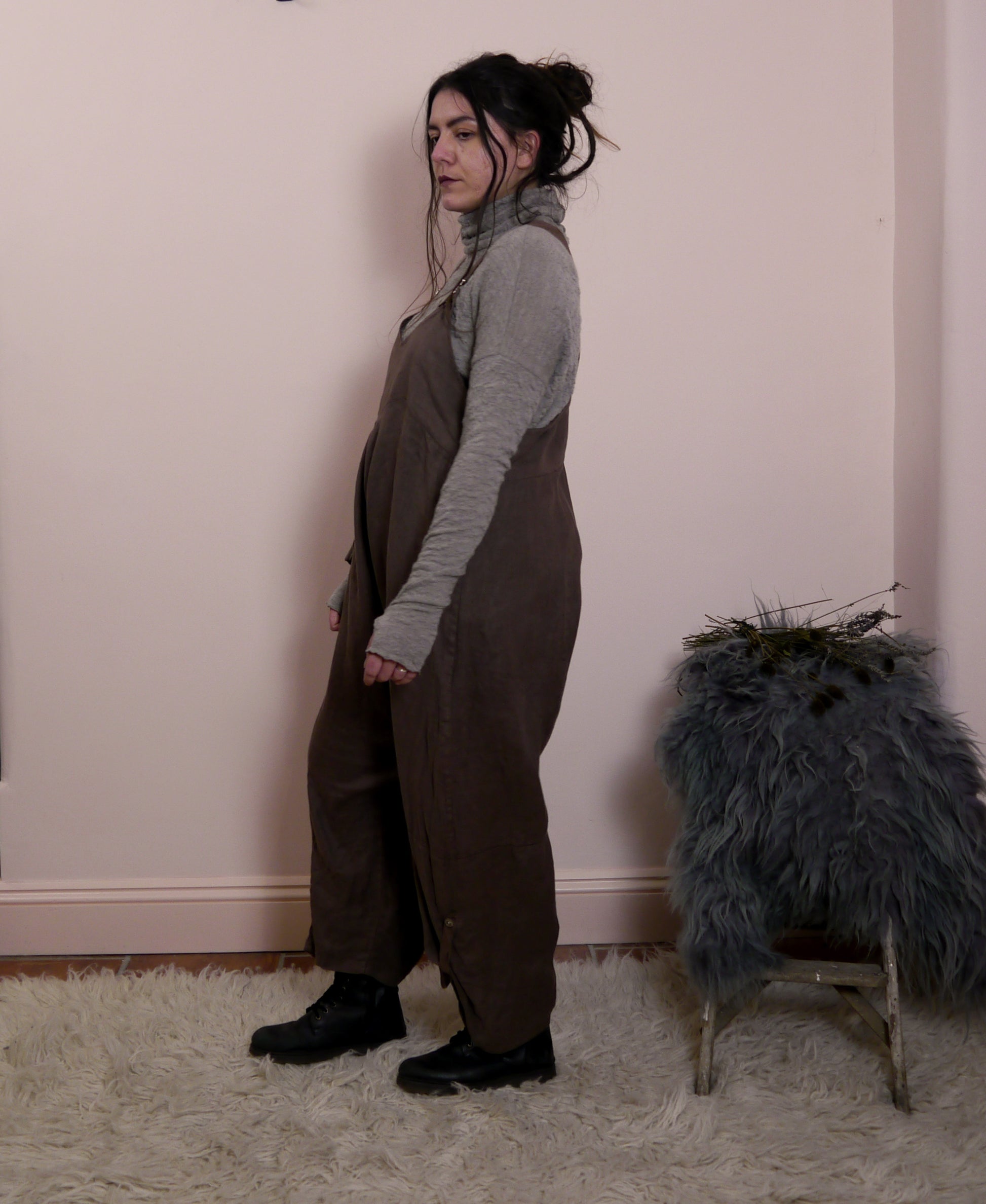 Linen Cocoon Dungarees with Buckles in Bark