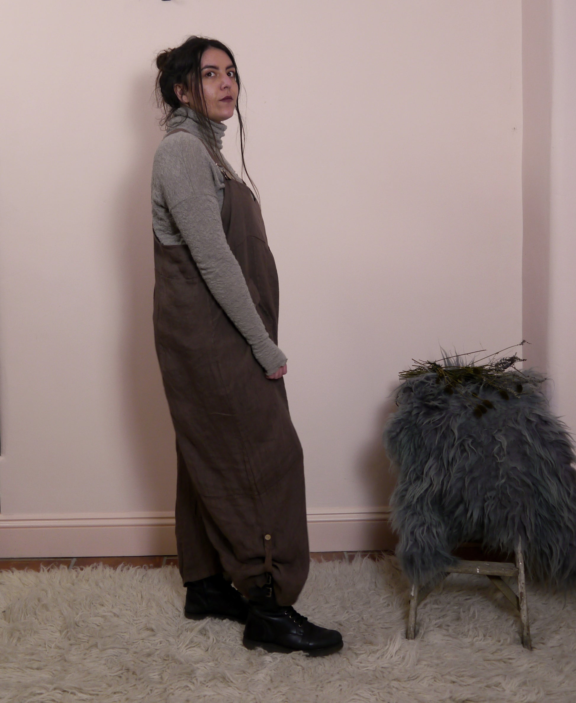 Linen Cocoon Dungarees with Buckles in Bark