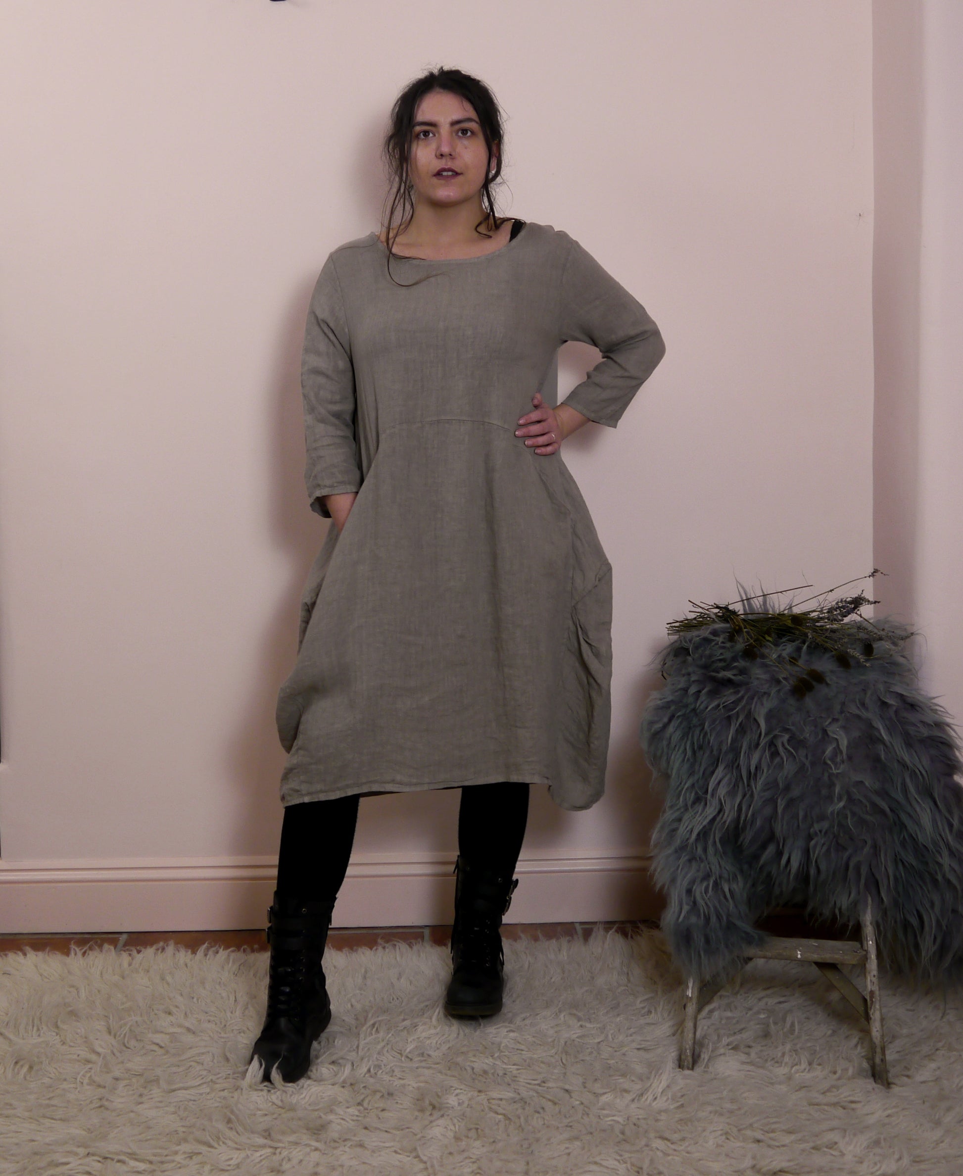 Linen/Cotton 3/4 Sleeve Dress in Mole
