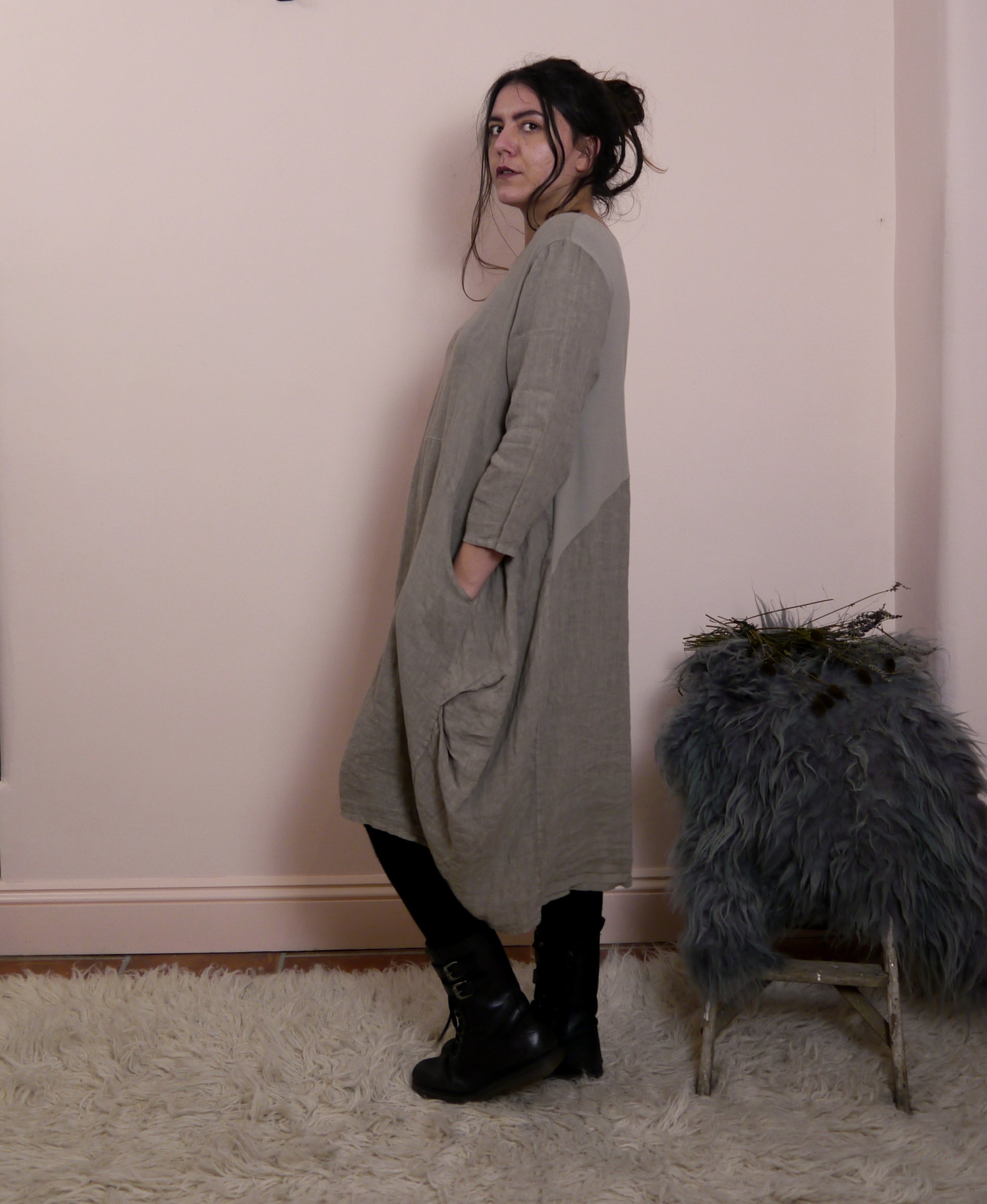 Linen/Cotton 3/4 Sleeve Dress in Mole