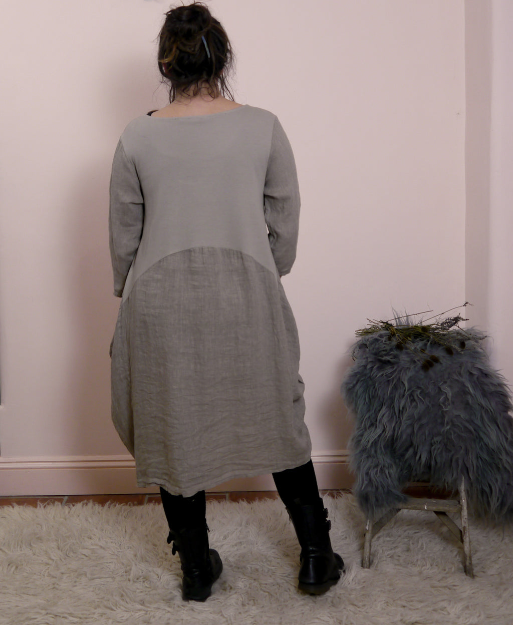 Linen/Cotton 3/4 Sleeve Dress in Mole