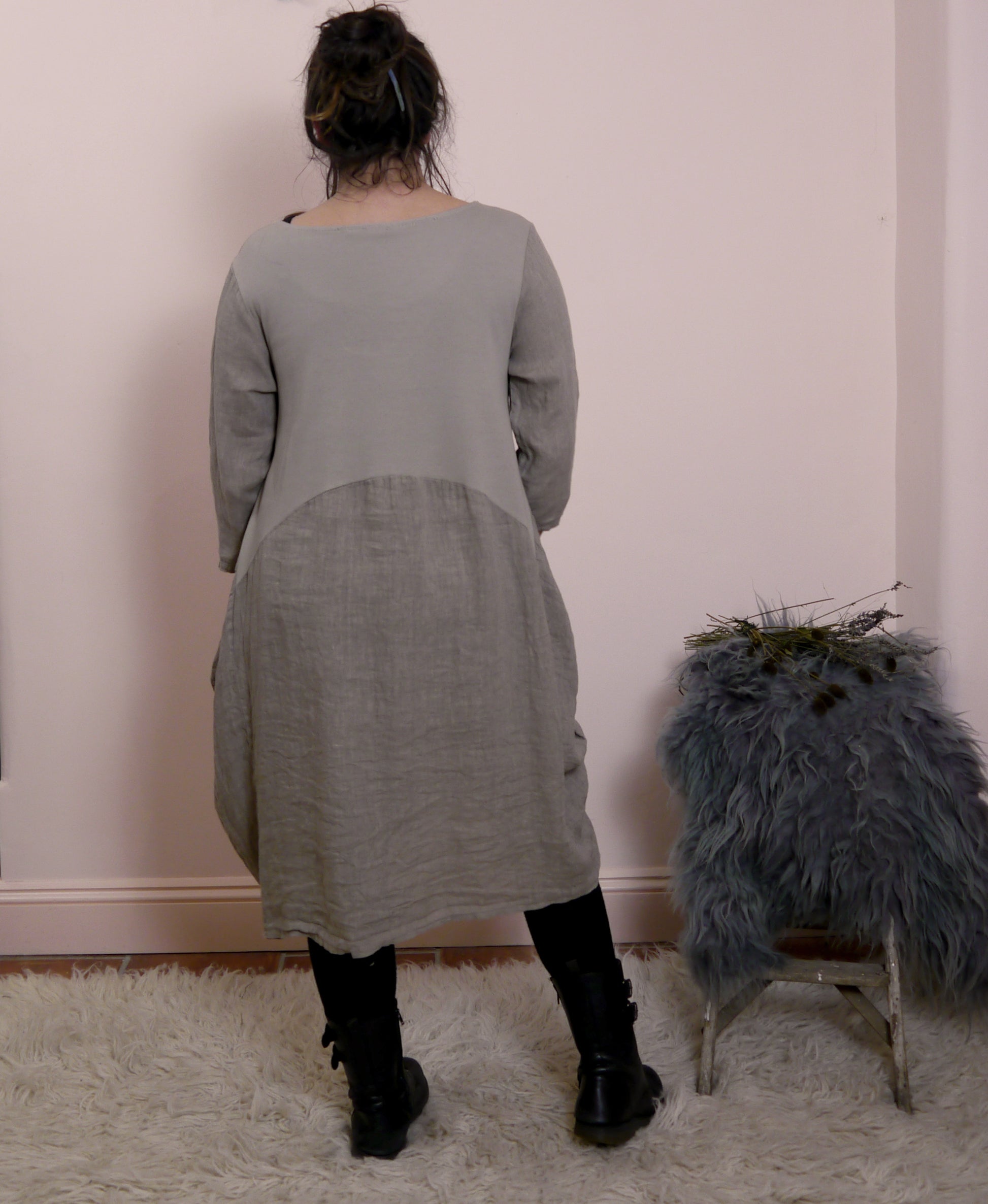 Linen/Cotton 3/4 Sleeve Dress in Mole