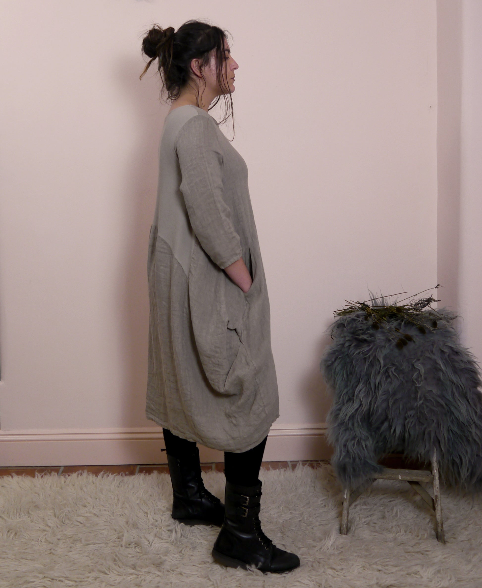 Linen/Cotton 3/4 Sleeve Dress in Mole