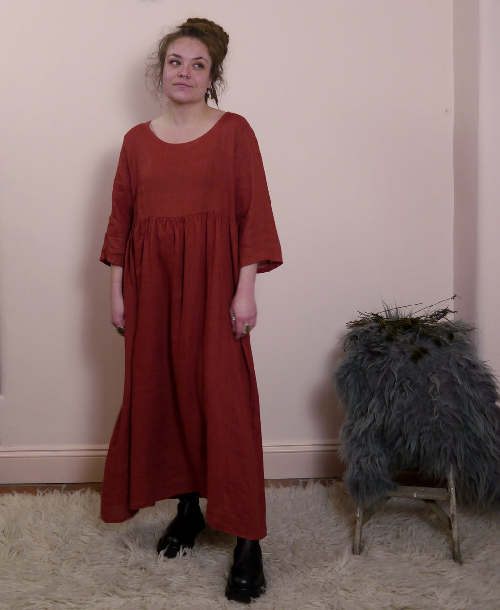 Linen Maxi 3/4 Sleeve Round Neck Dress in Brick