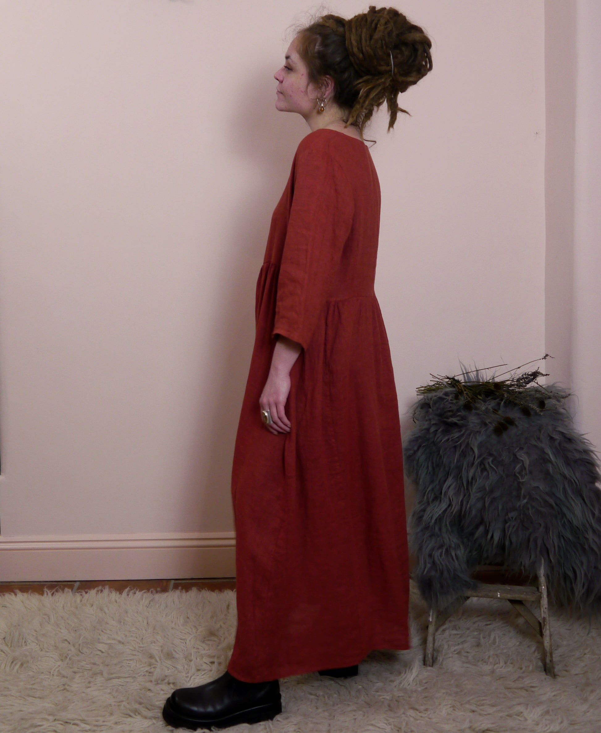 Linen Maxi 3/4 Sleeve Round Neck Dress in Brick