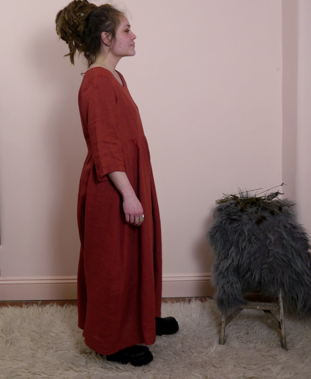 Linen Maxi 3/4 Sleeve Round Neck Dress in Brick