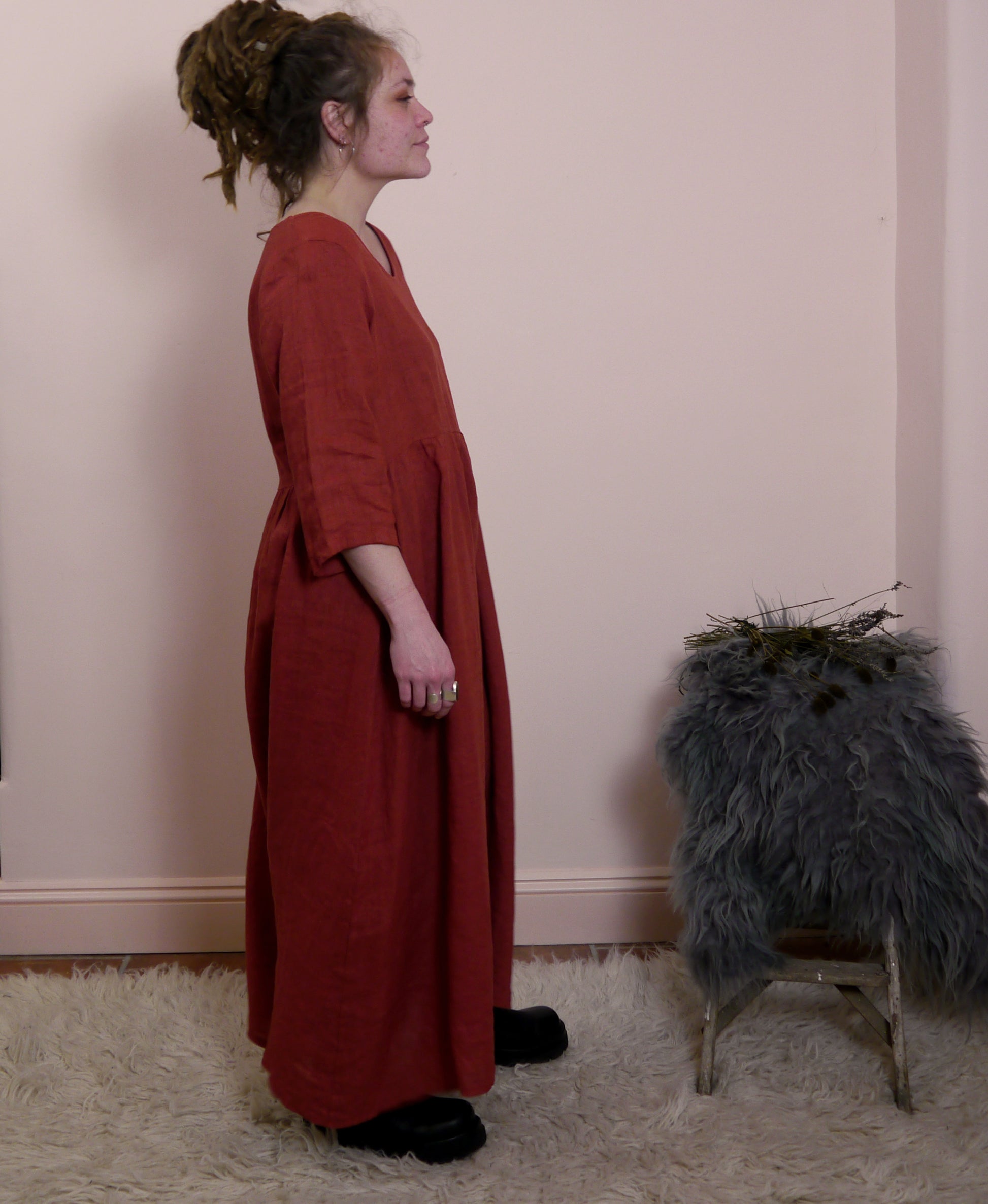 Linen Maxi 3/4 Sleeve Round Neck Dress in Brick