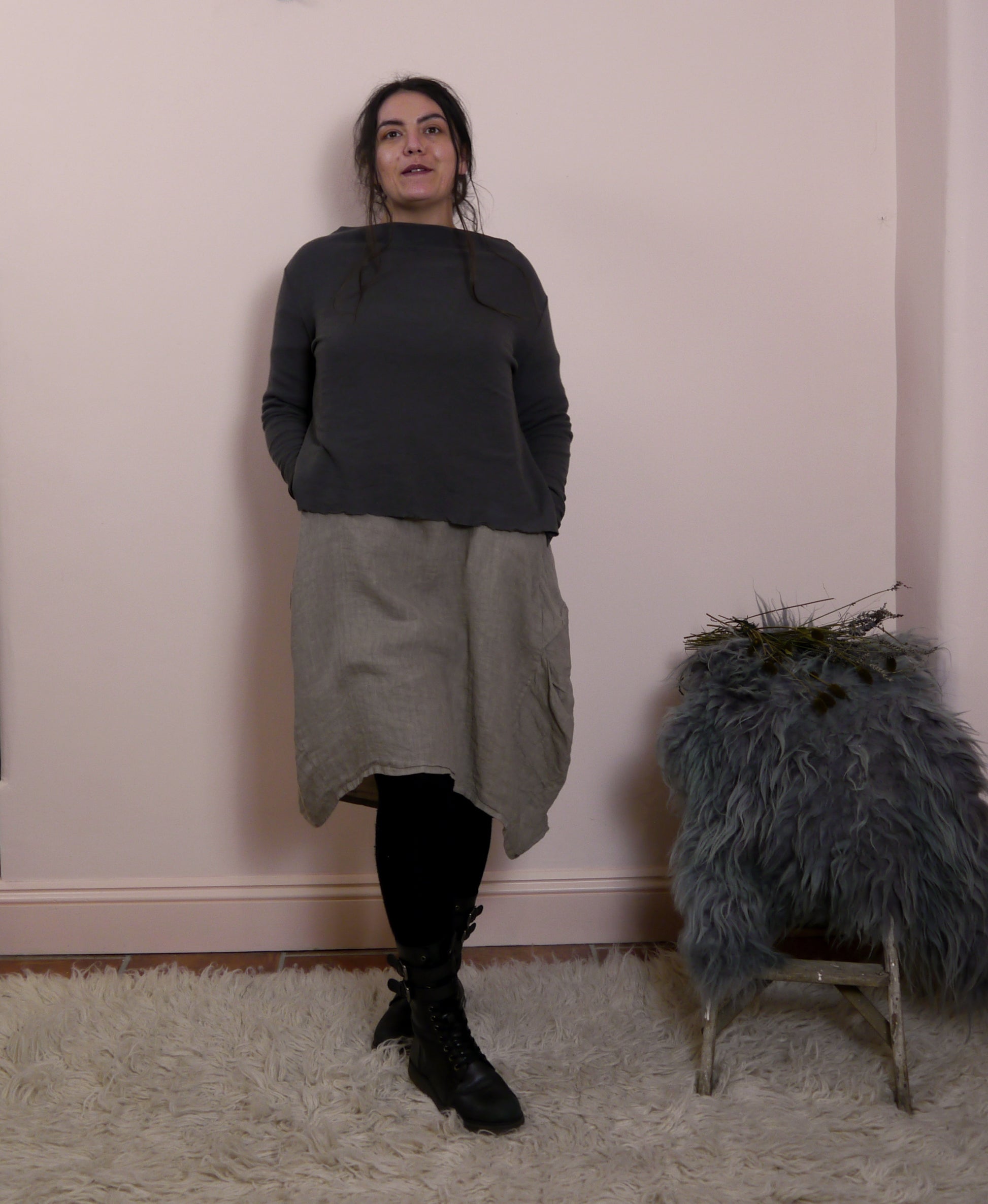 Linen/Cotton 3/4 Sleeve Dress in Mole