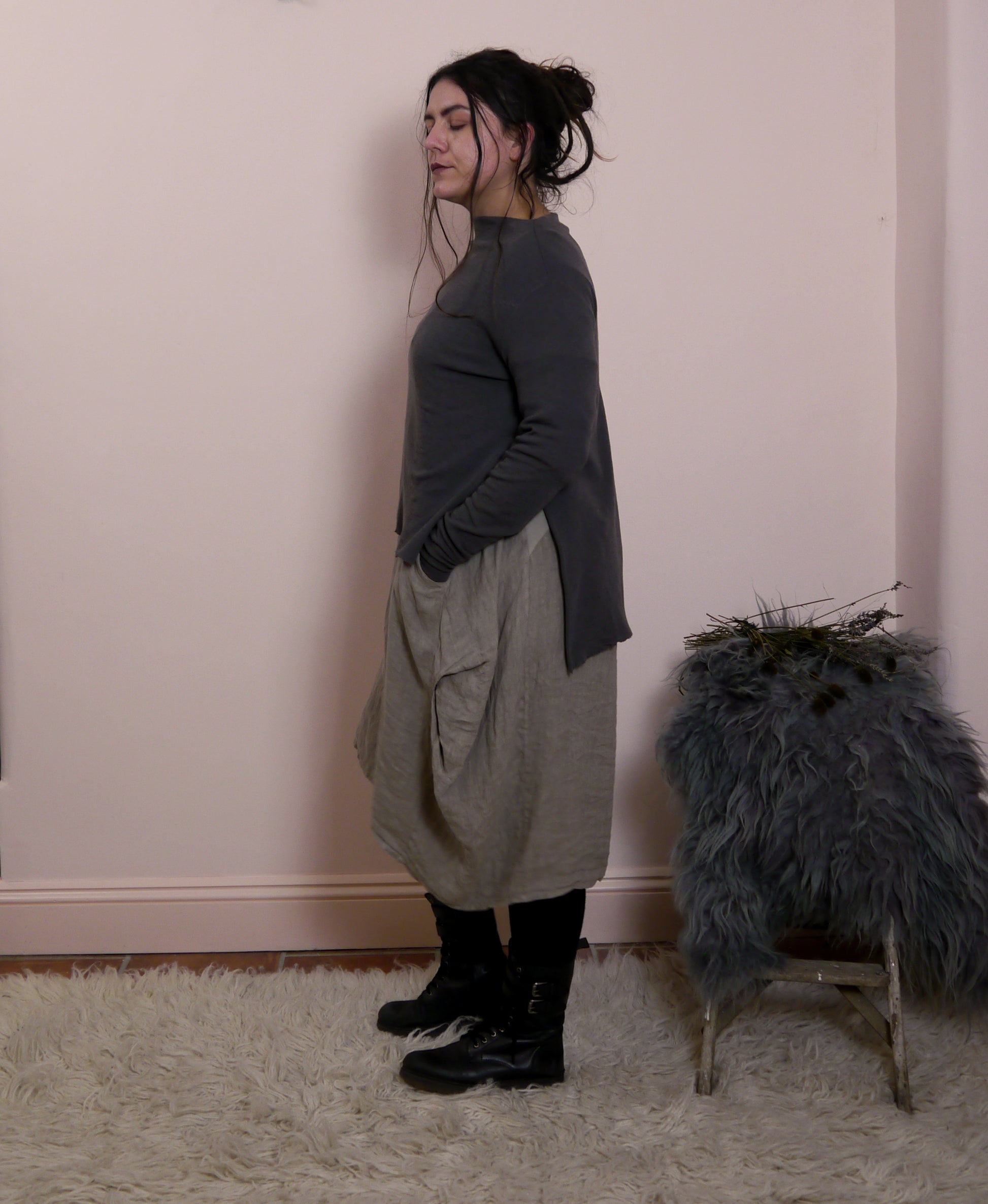 Linen/Cotton 3/4 Sleeve Dress in Mole