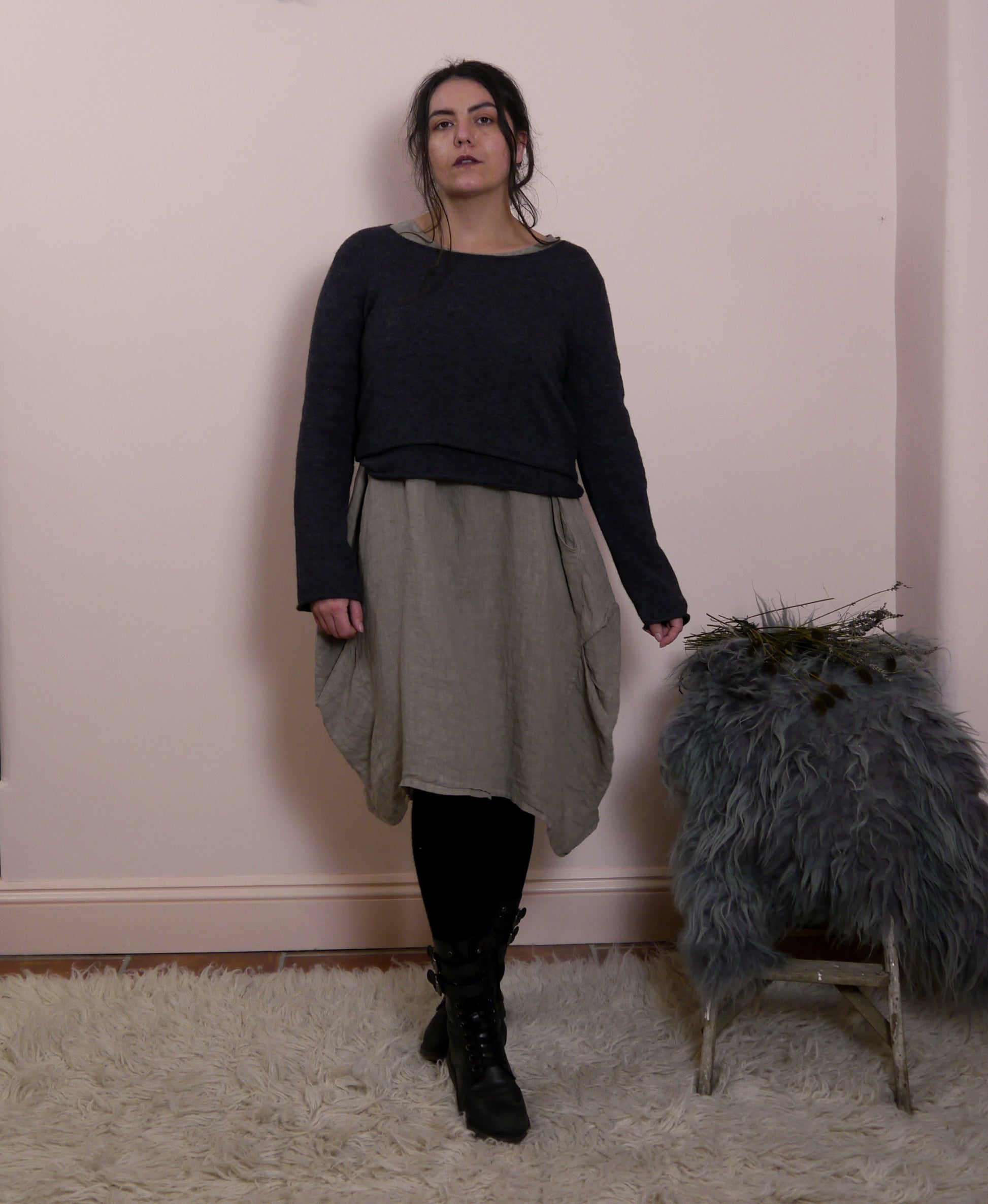 Linen/Cotton 3/4 Sleeve Dress in Mole