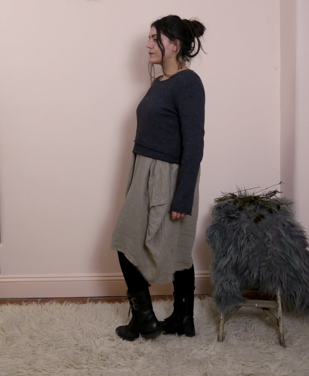 Linen/Cotton 3/4 Sleeve Dress in Mole