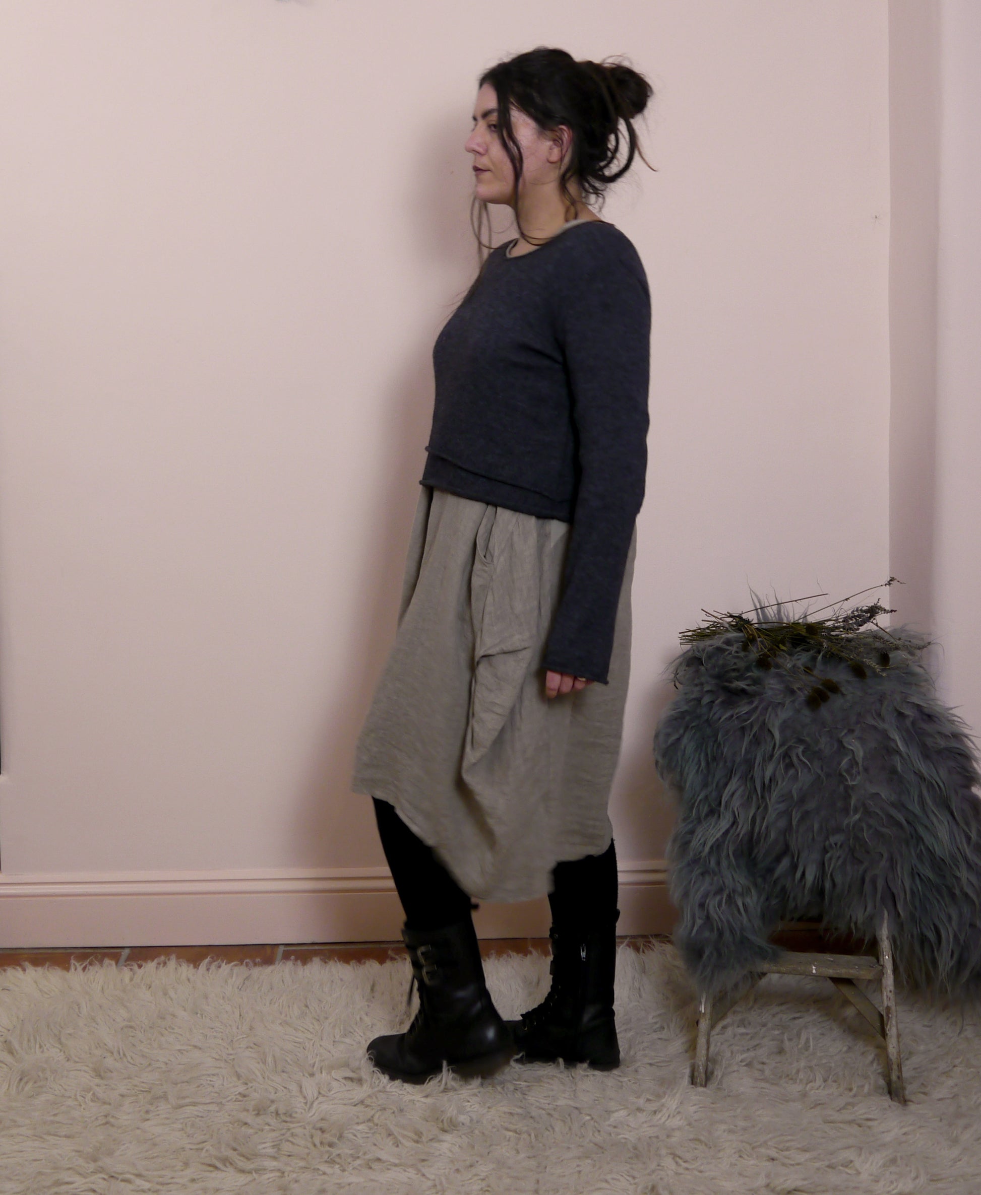 Linen/Cotton 3/4 Sleeve Dress in Mole