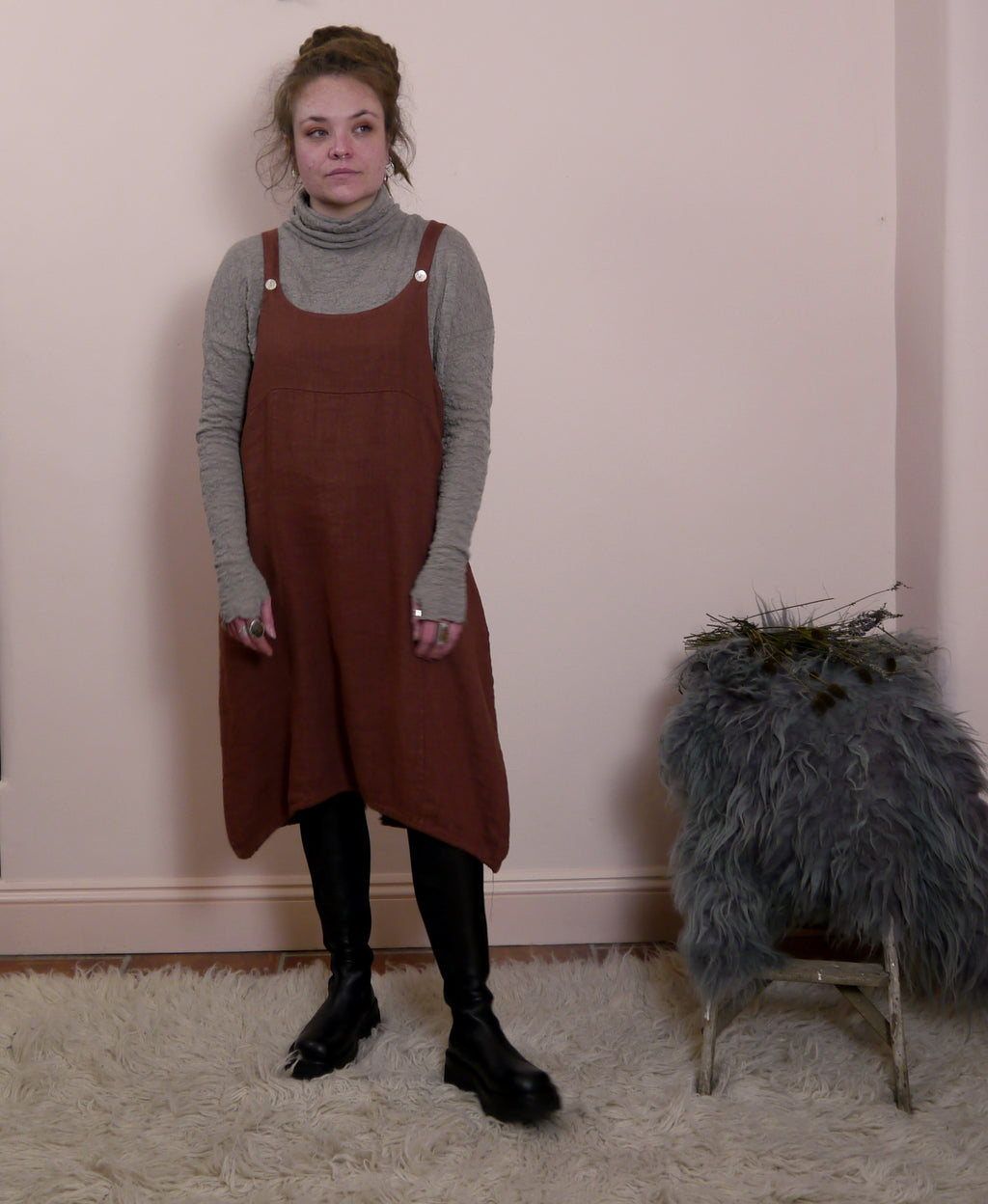 Linen Pinafore Dress in Fox