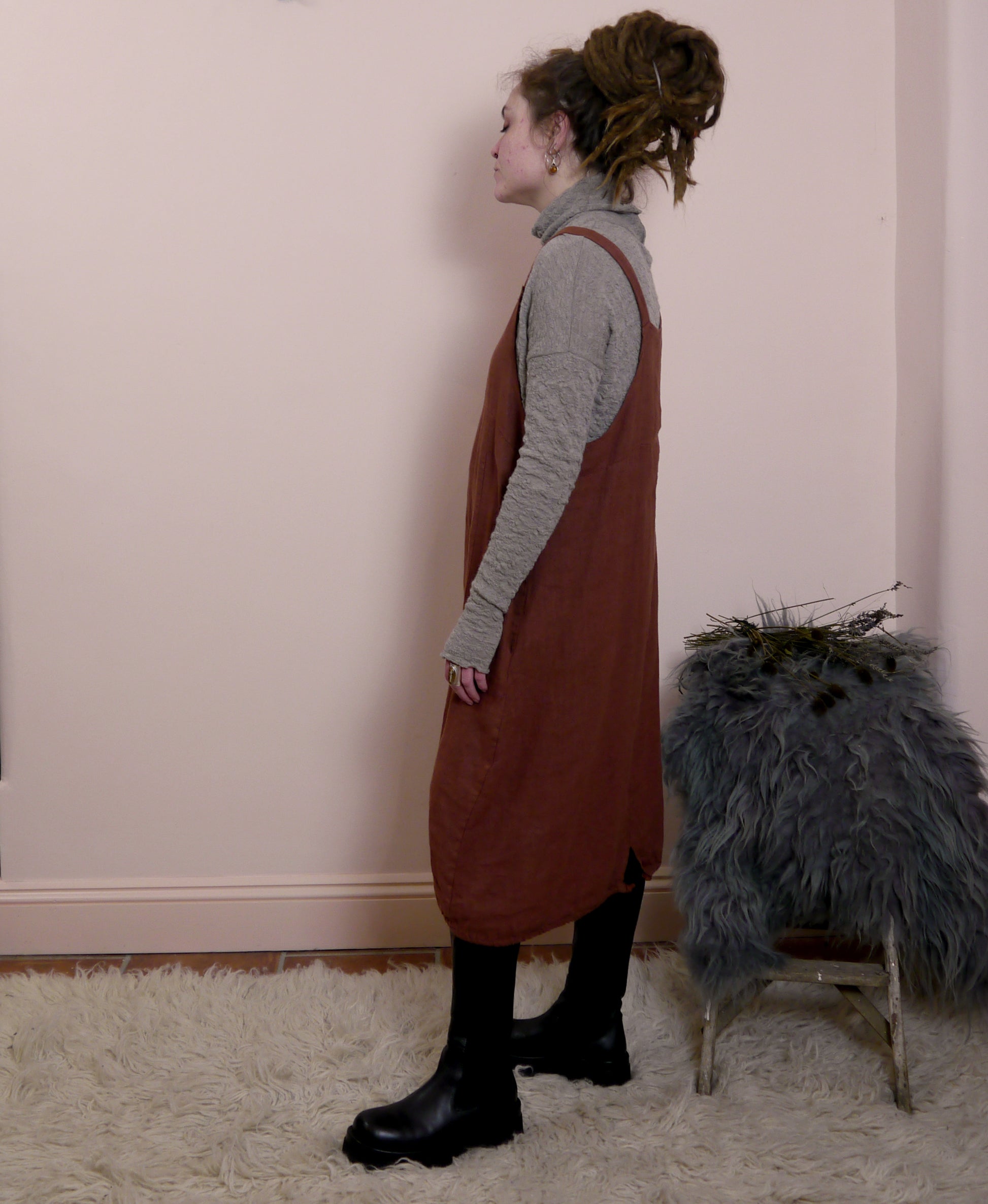 Linen Pinafore Dress in Fox