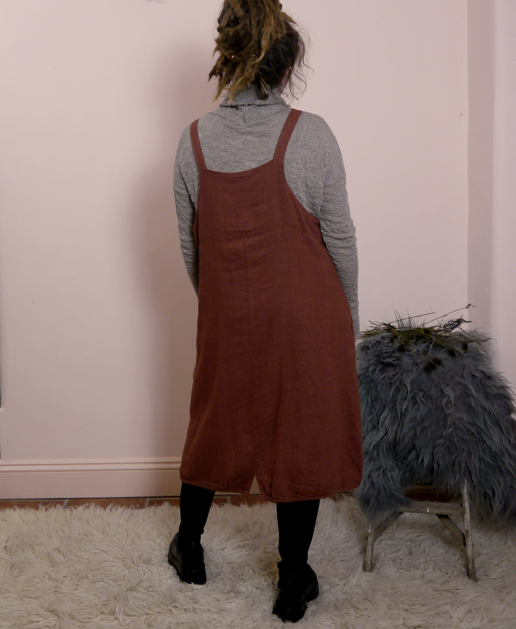 Linen Pinafore Dress in Fox