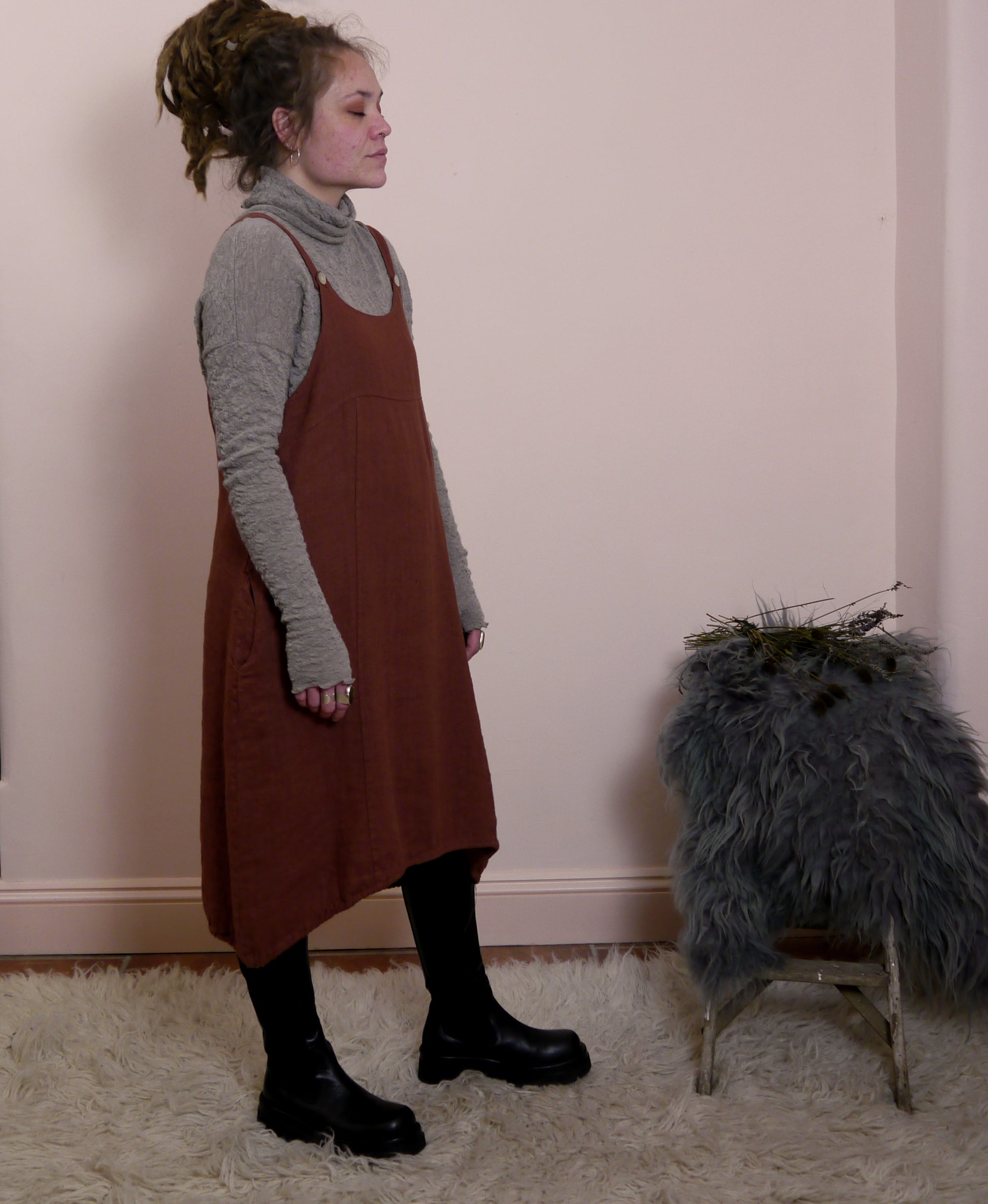 Linen Pinafore Dress in Fox