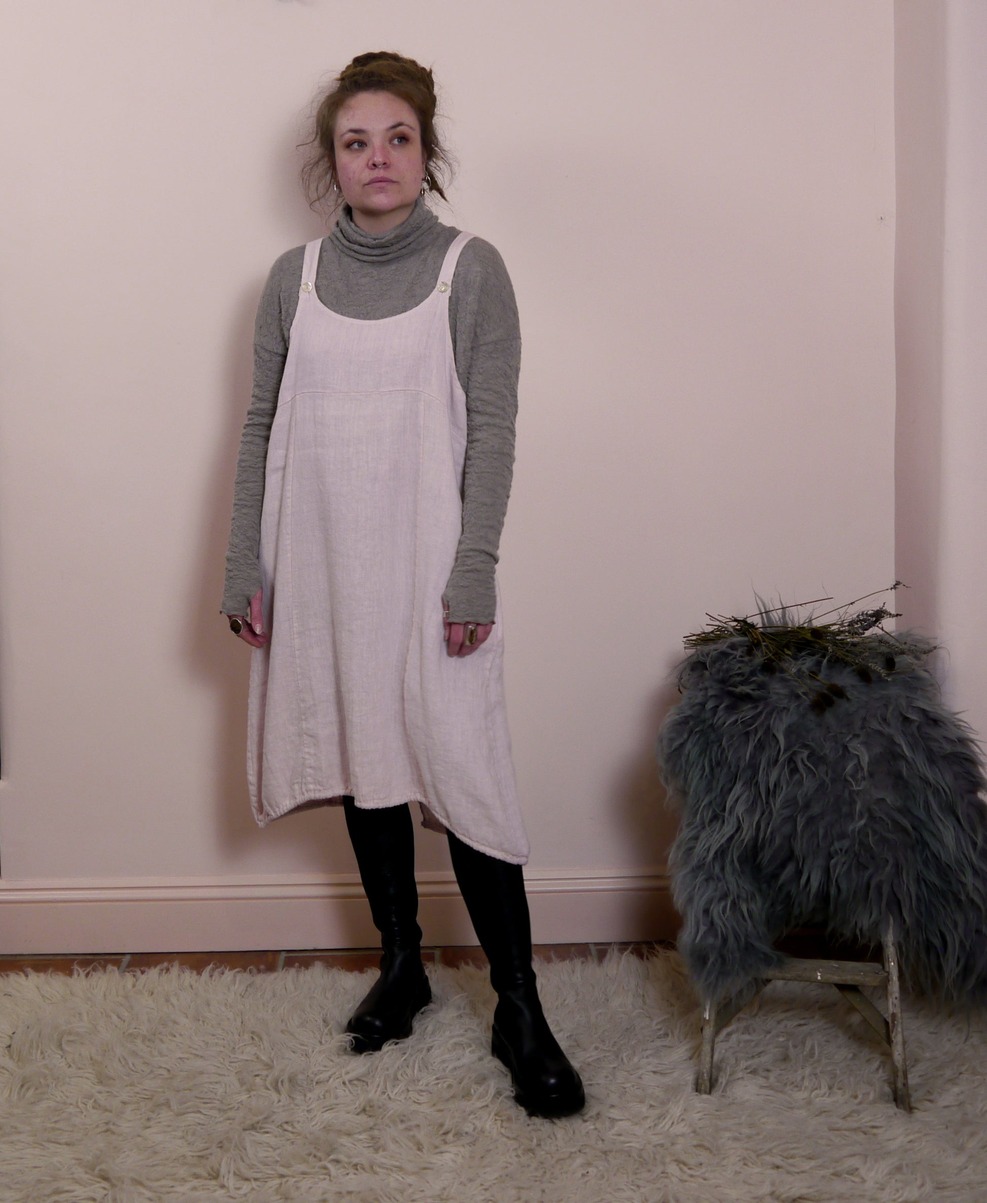 Linen Pinafore Dress in Blush