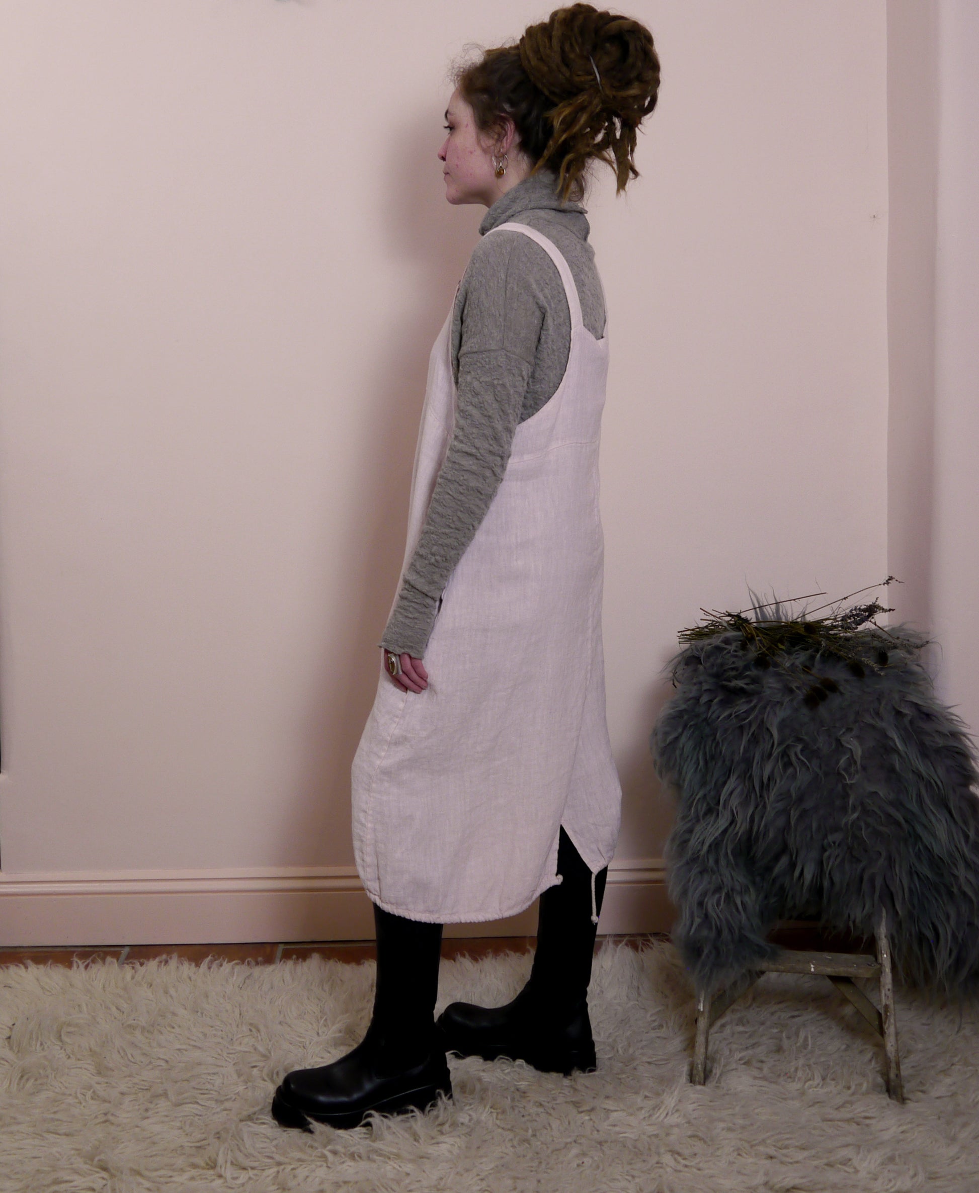 Linen Pinafore Dress in Blush