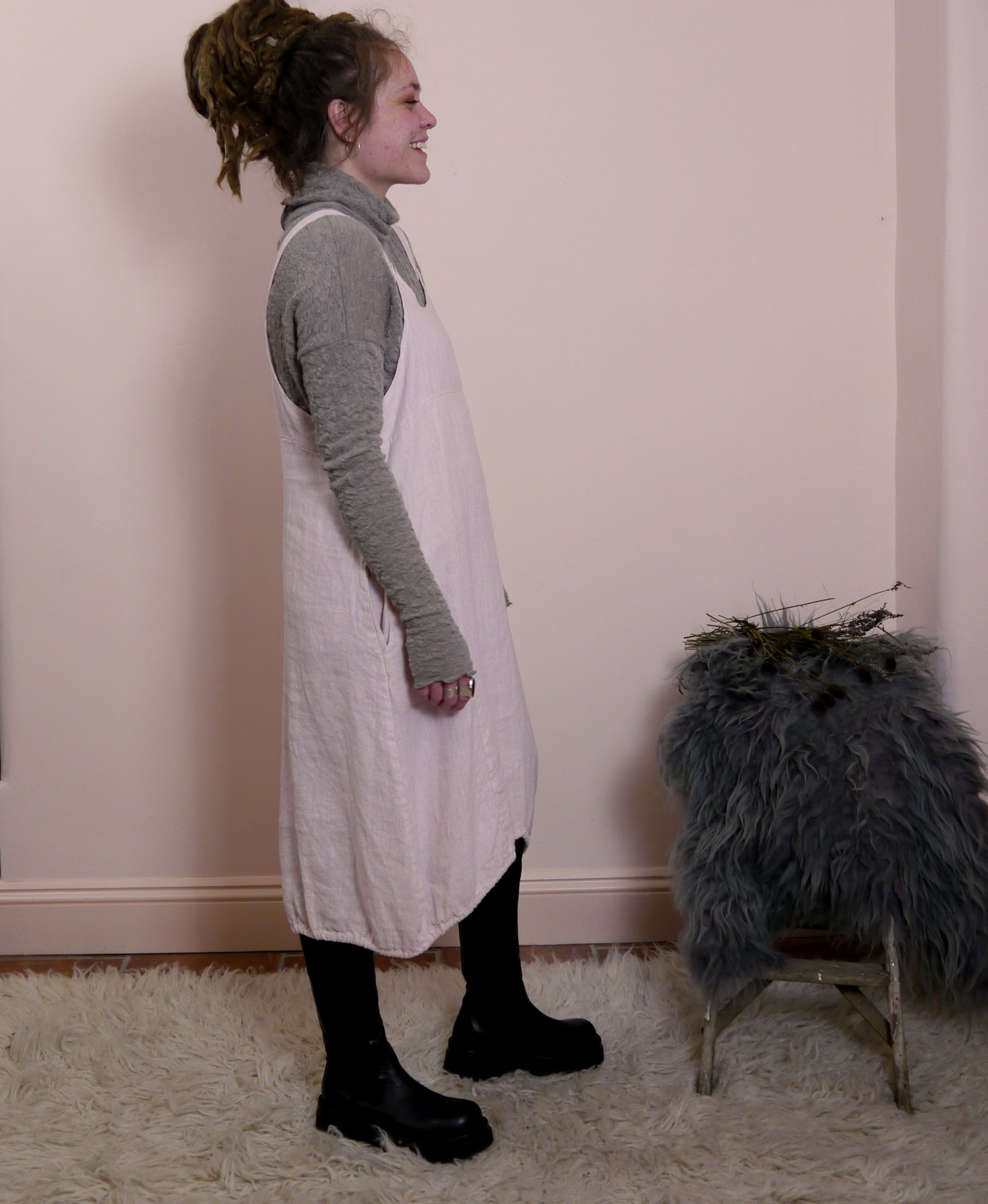 Linen Pinafore Dress in Blush