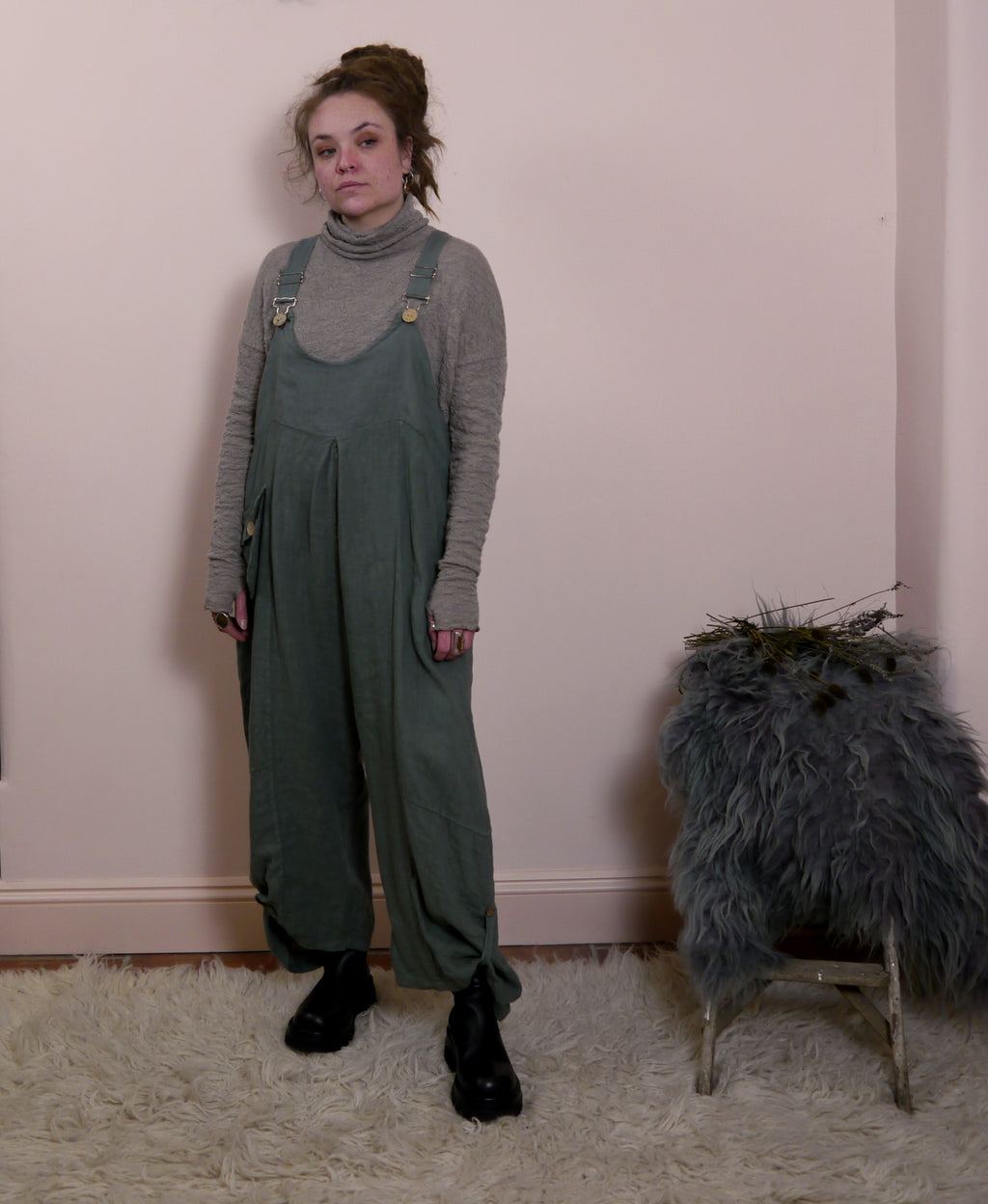 Linen Cocoon Dungarees with Buckles in Lichen