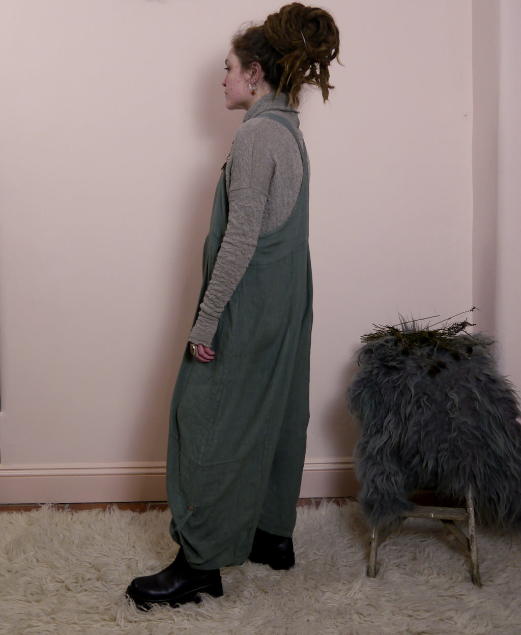 Linen Cocoon Dungarees with Buckles in Lichen