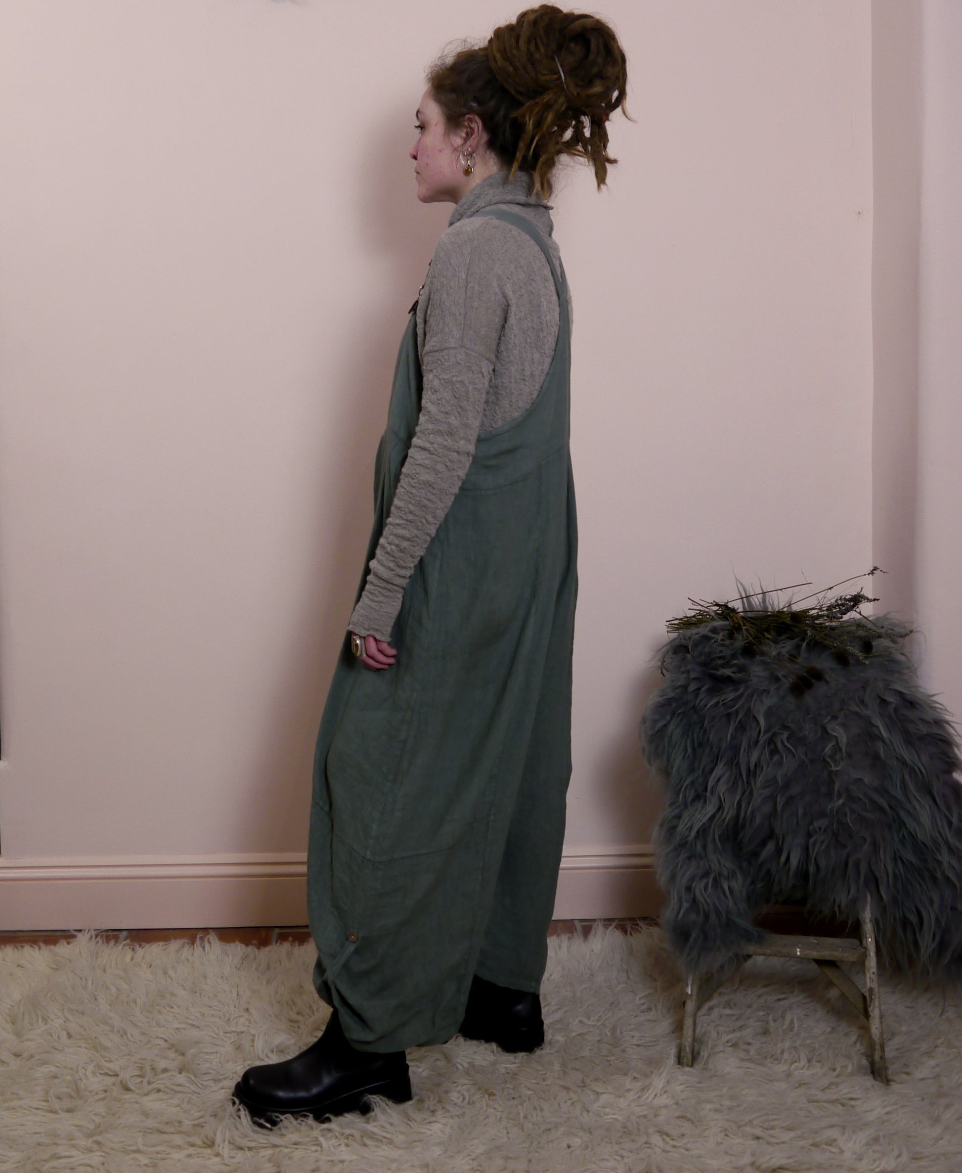 Linen Cocoon Dungarees with Buckles in Lichen