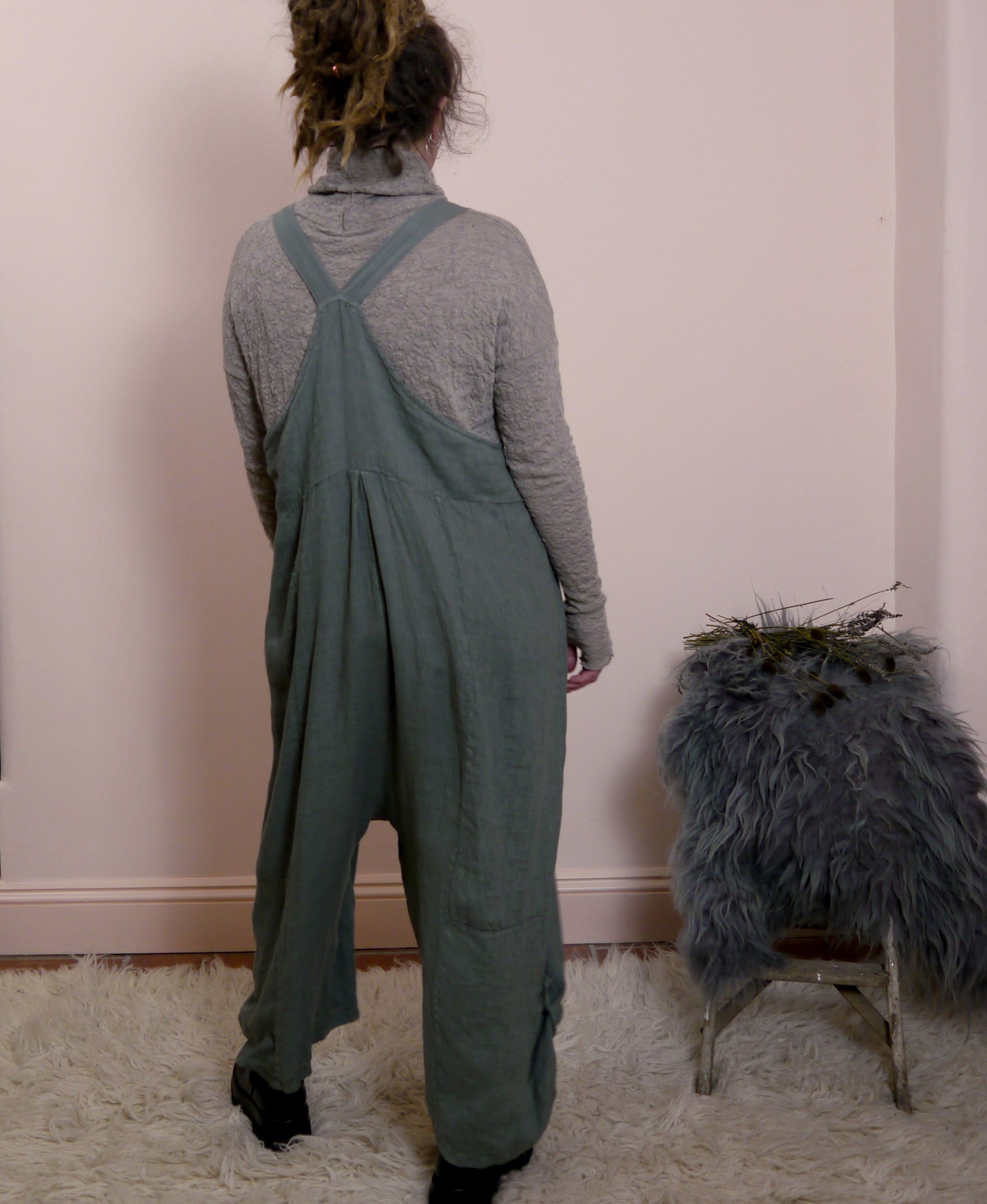 Linen Cocoon Dungarees with Buckles in Lichen