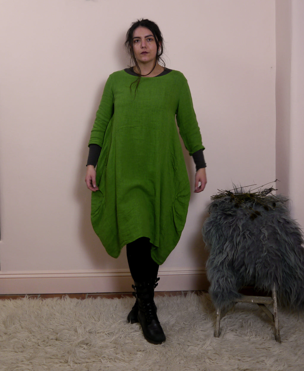 Linen/Cotton 3/4 Sleeve Dress in Caterpillar