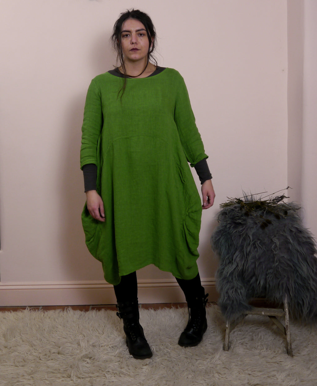 Linen/Cotton 3/4 Sleeve Dress in Caterpillar