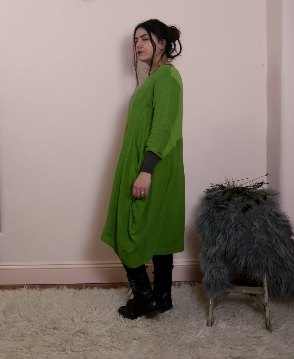 Linen/Cotton 3/4 Sleeve Dress in Caterpillar