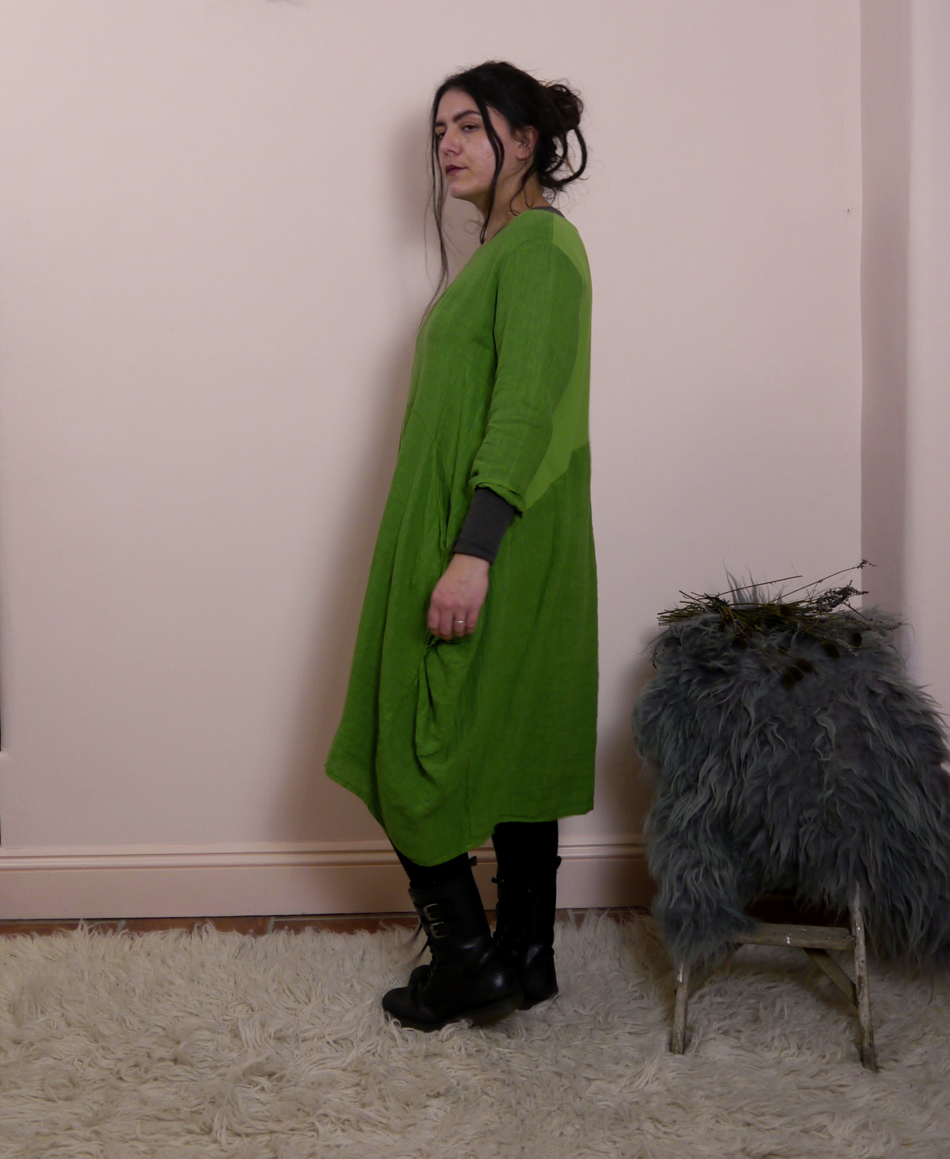 Linen/Cotton 3/4 Sleeve Dress in Caterpillar