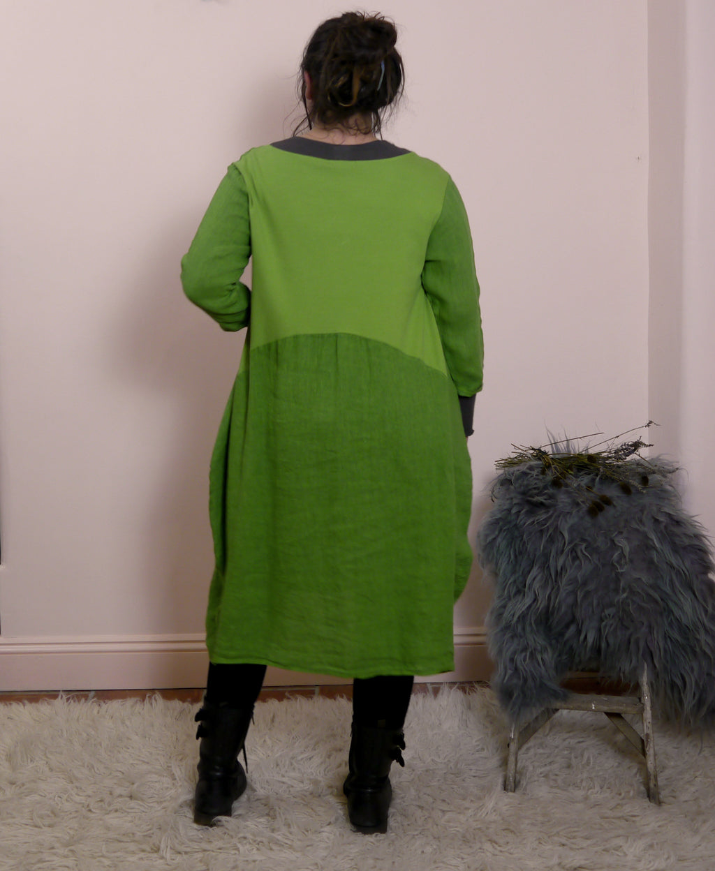 Linen/Cotton 3/4 Sleeve Dress in Caterpillar