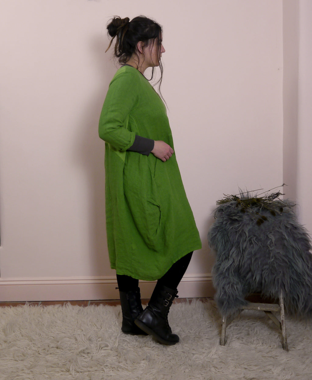 Linen/Cotton 3/4 Sleeve Dress in Caterpillar