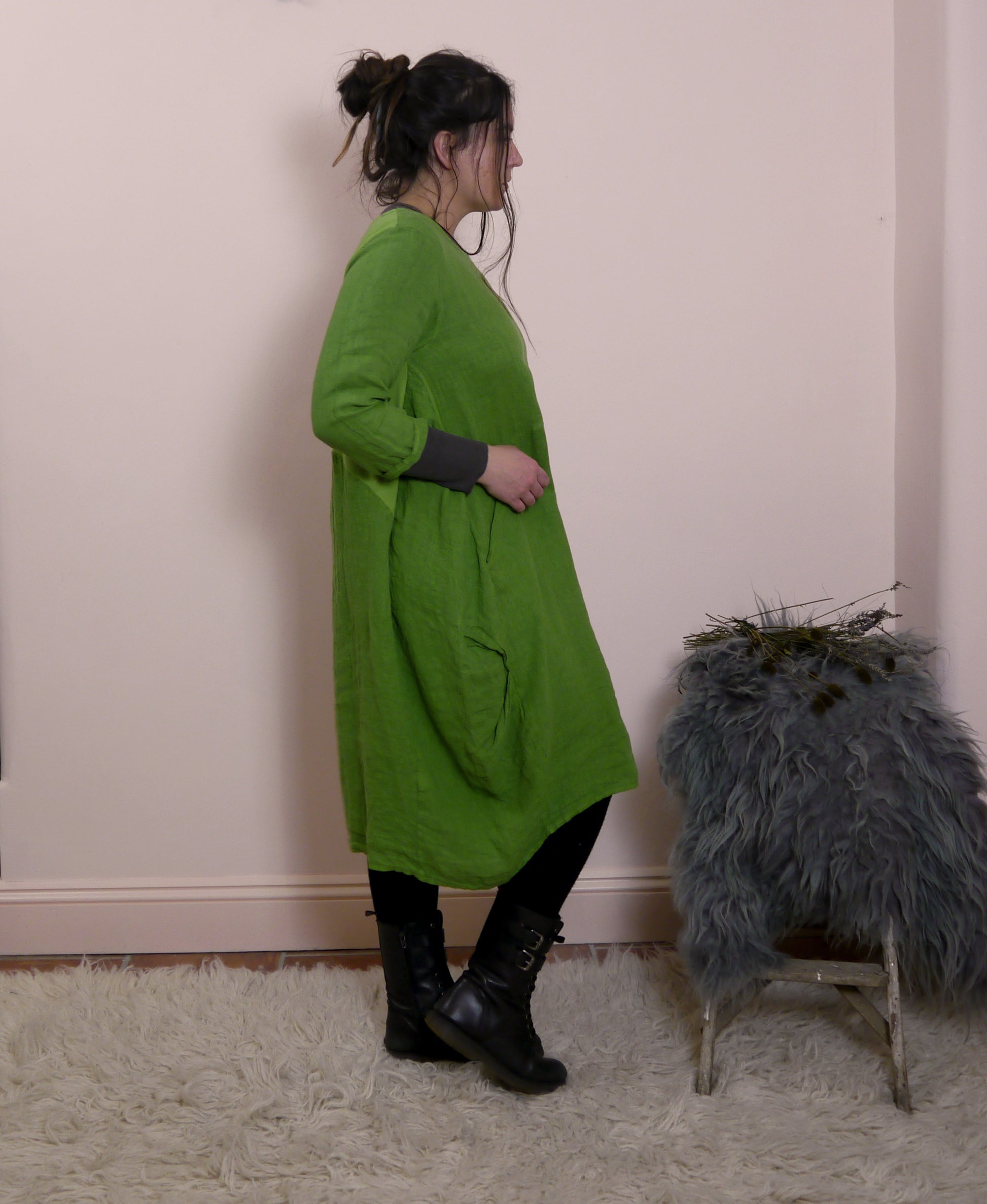 Linen/Cotton 3/4 Sleeve Dress in Caterpillar