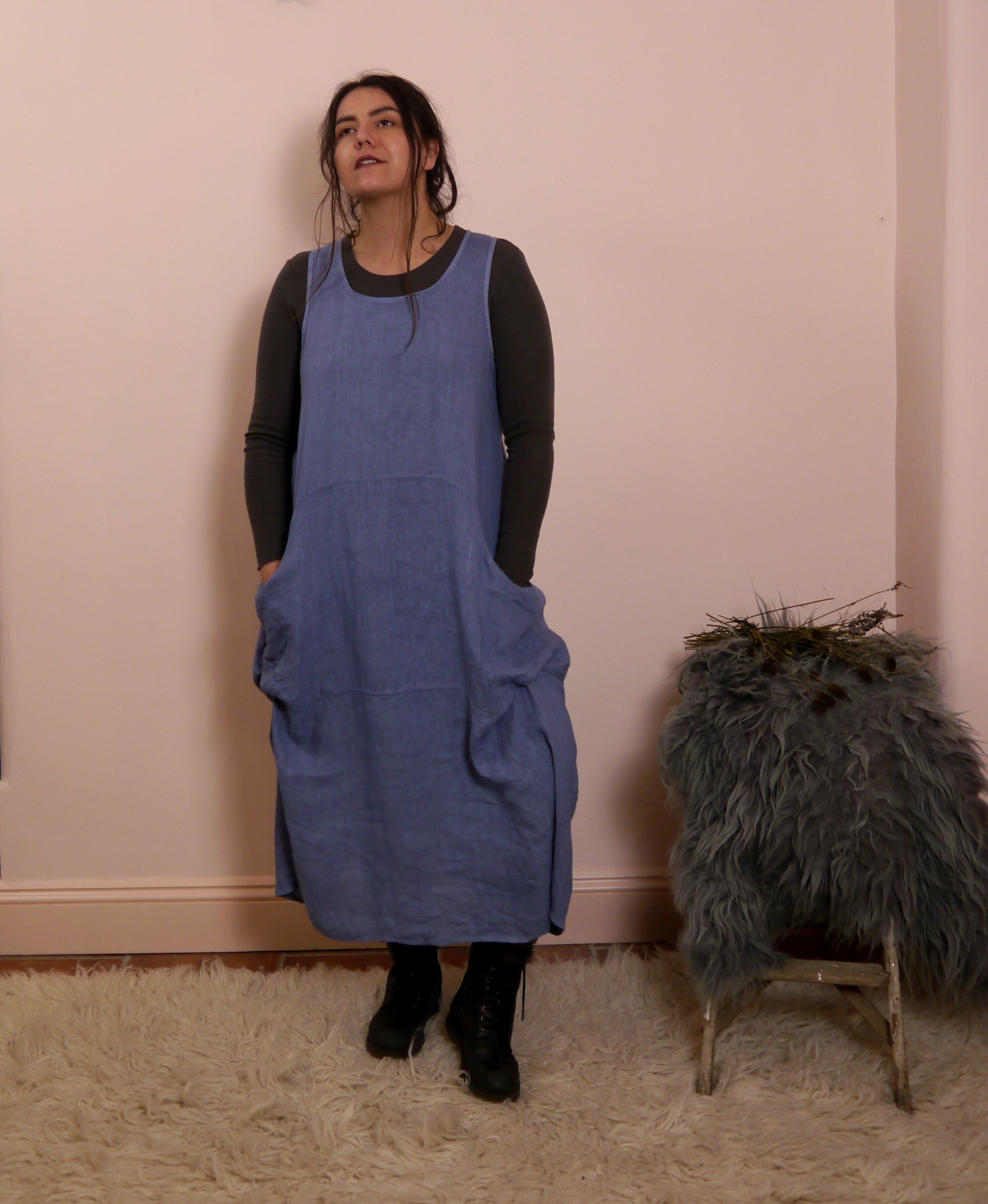 Linen Sleeveless Maxi Cocoon Dress with Pockets in Forget-Me-Not