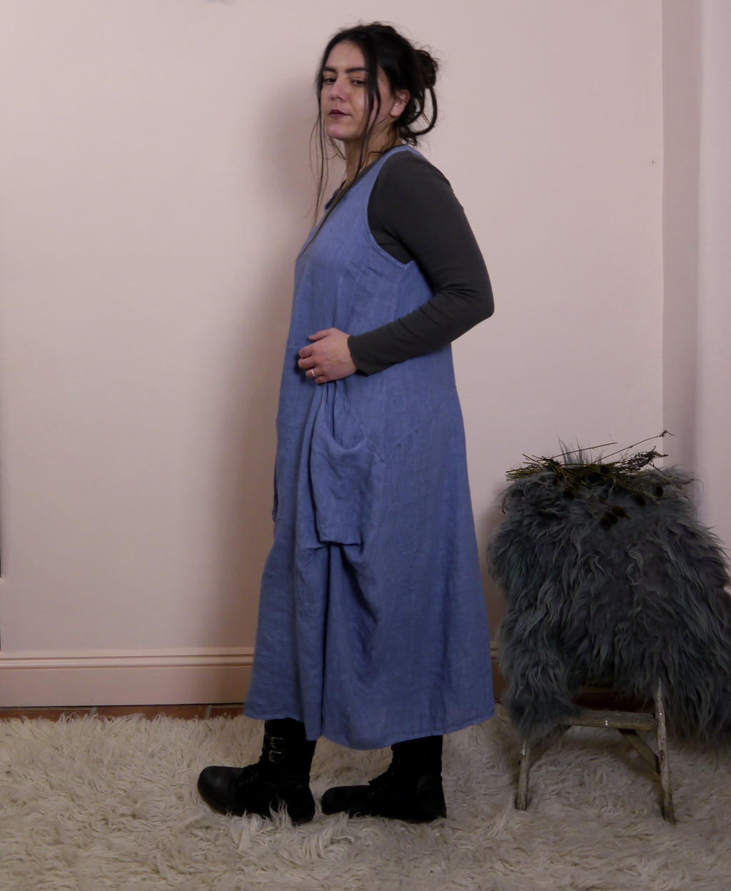 Linen Sleeveless Maxi Cocoon Dress with Pockets in Forget-Me-Not