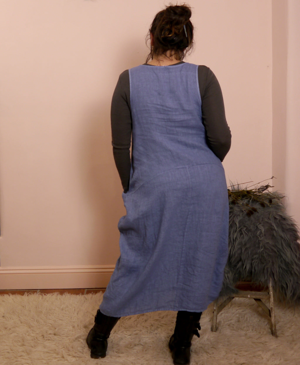 Linen Sleeveless Maxi Cocoon Dress with Pockets in Forget-Me-Not