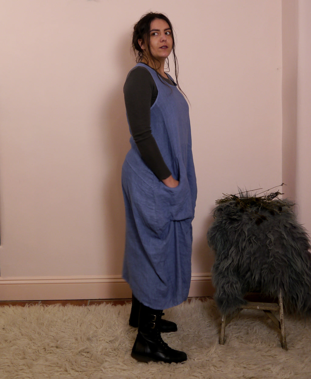 Linen Sleeveless Maxi Cocoon Dress with Pockets in Forget-Me-Not