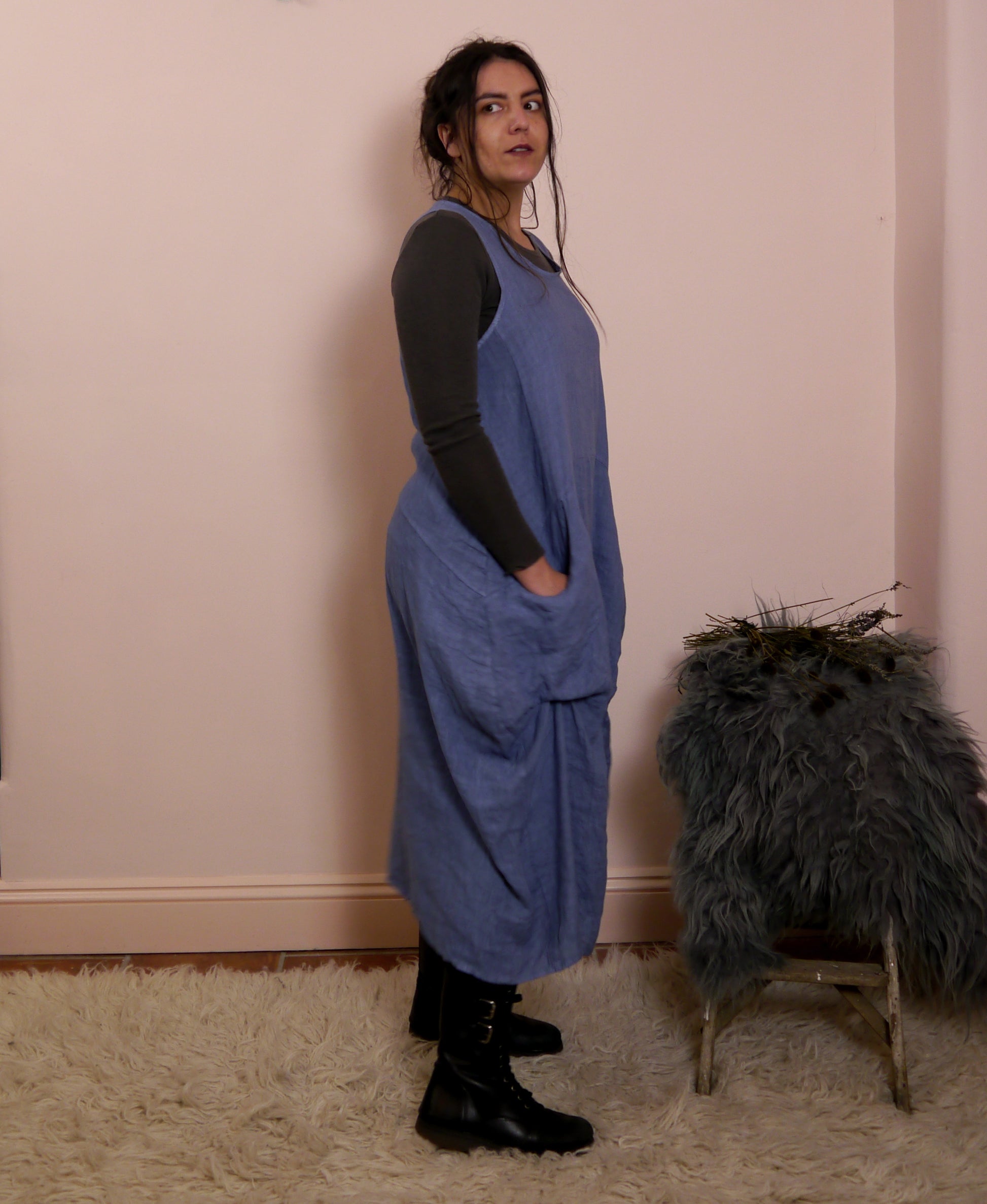 Linen Sleeveless Maxi Cocoon Dress with Pockets in Forget-Me-Not