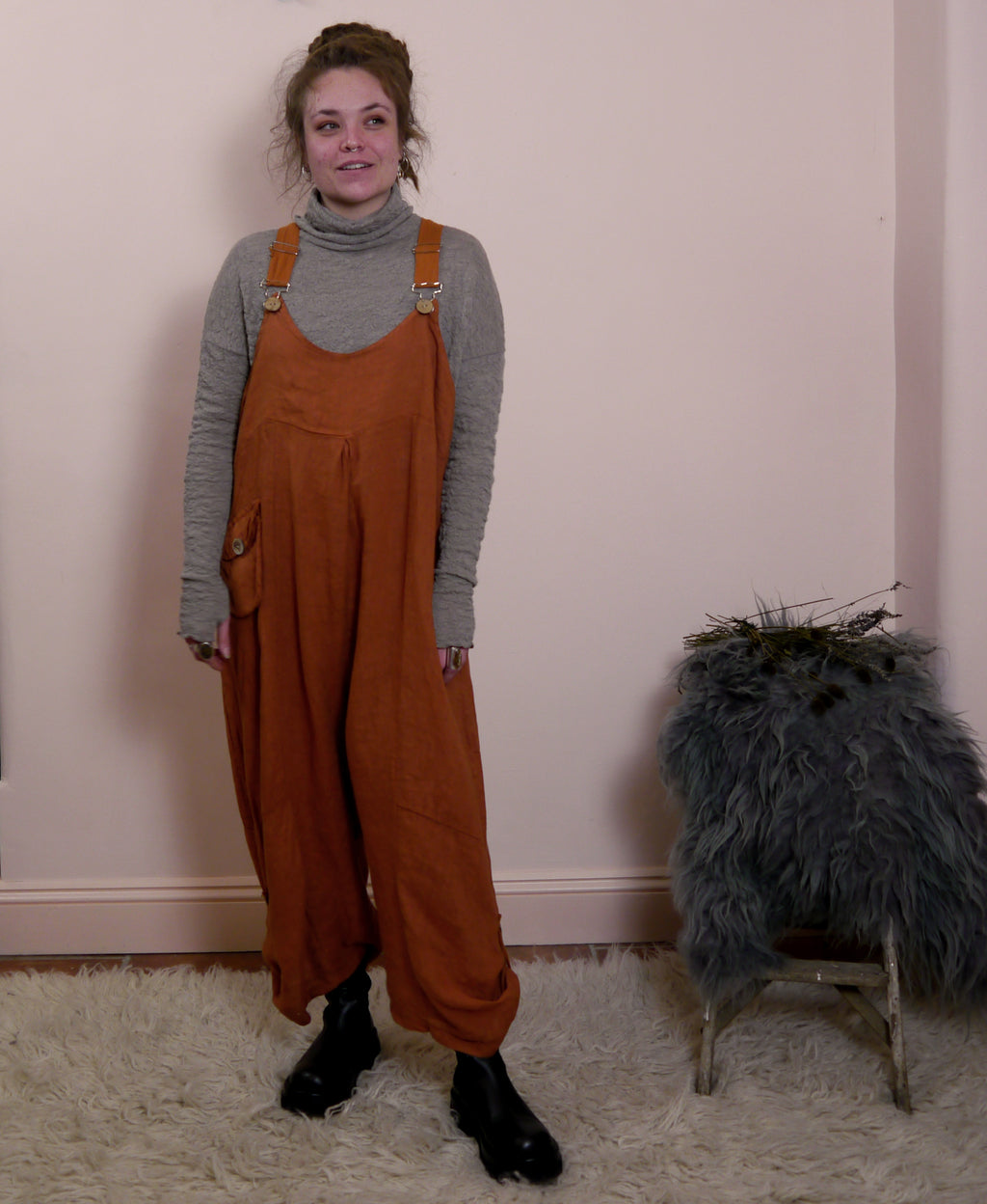 Linen Cocoon Dungarees with Buckles in Rust