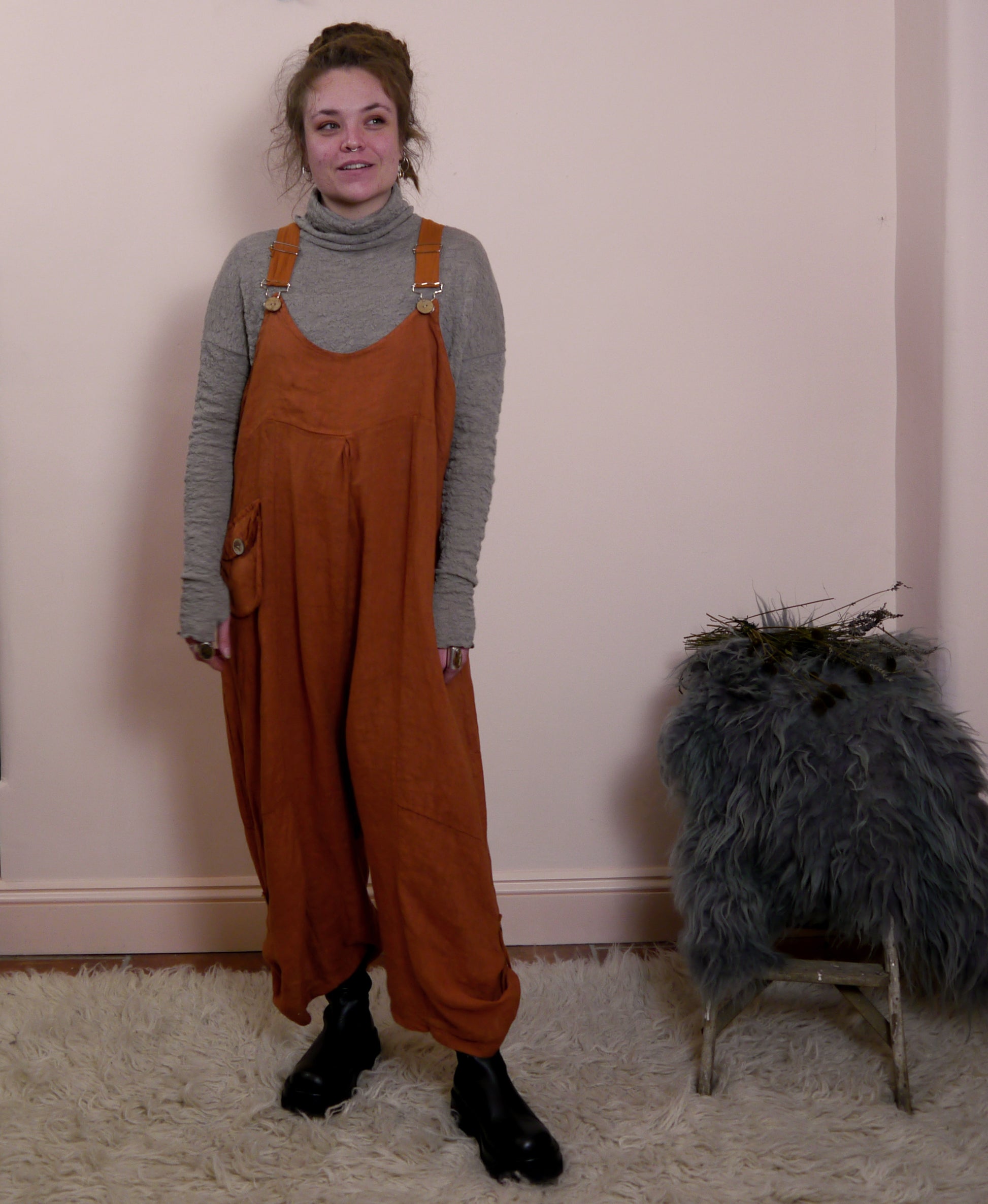 Linen Cocoon Dungarees with Buckles in Rust