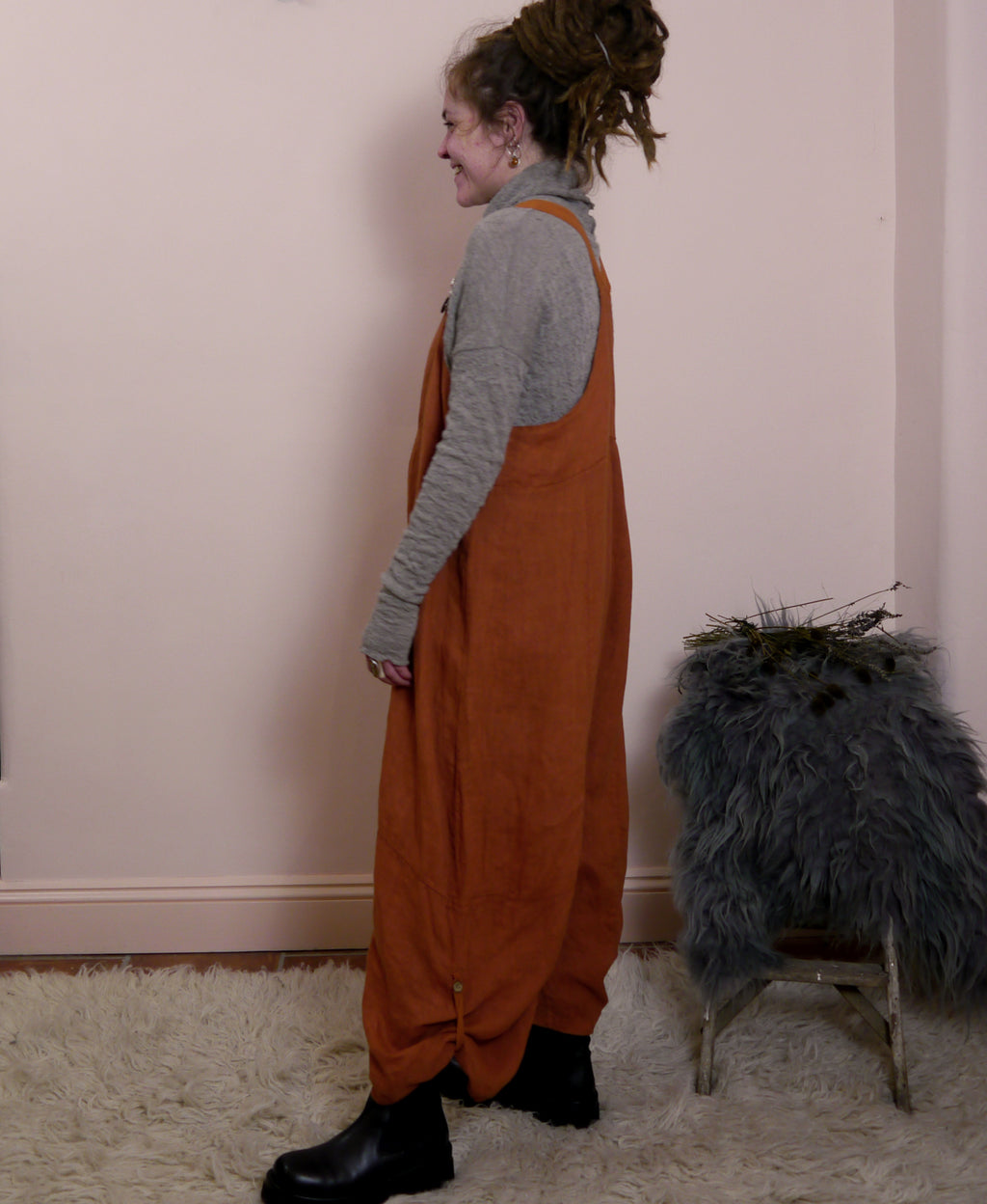 Linen Cocoon Dungarees with Buckles in Rust
