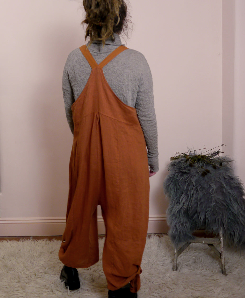 Linen Cocoon Dungarees with Buckles in Rust