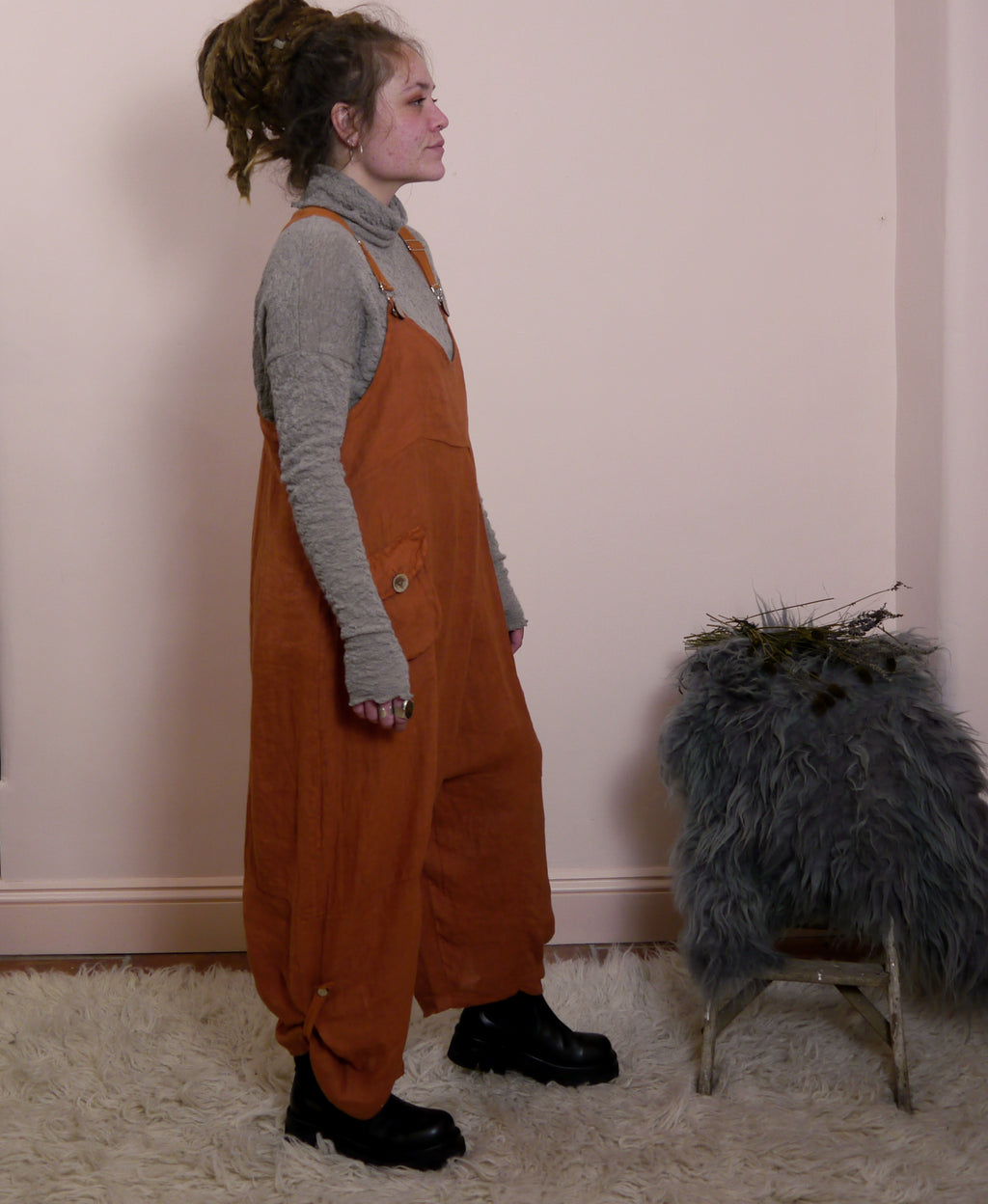 Linen Cocoon Dungarees with Buckles in Rust