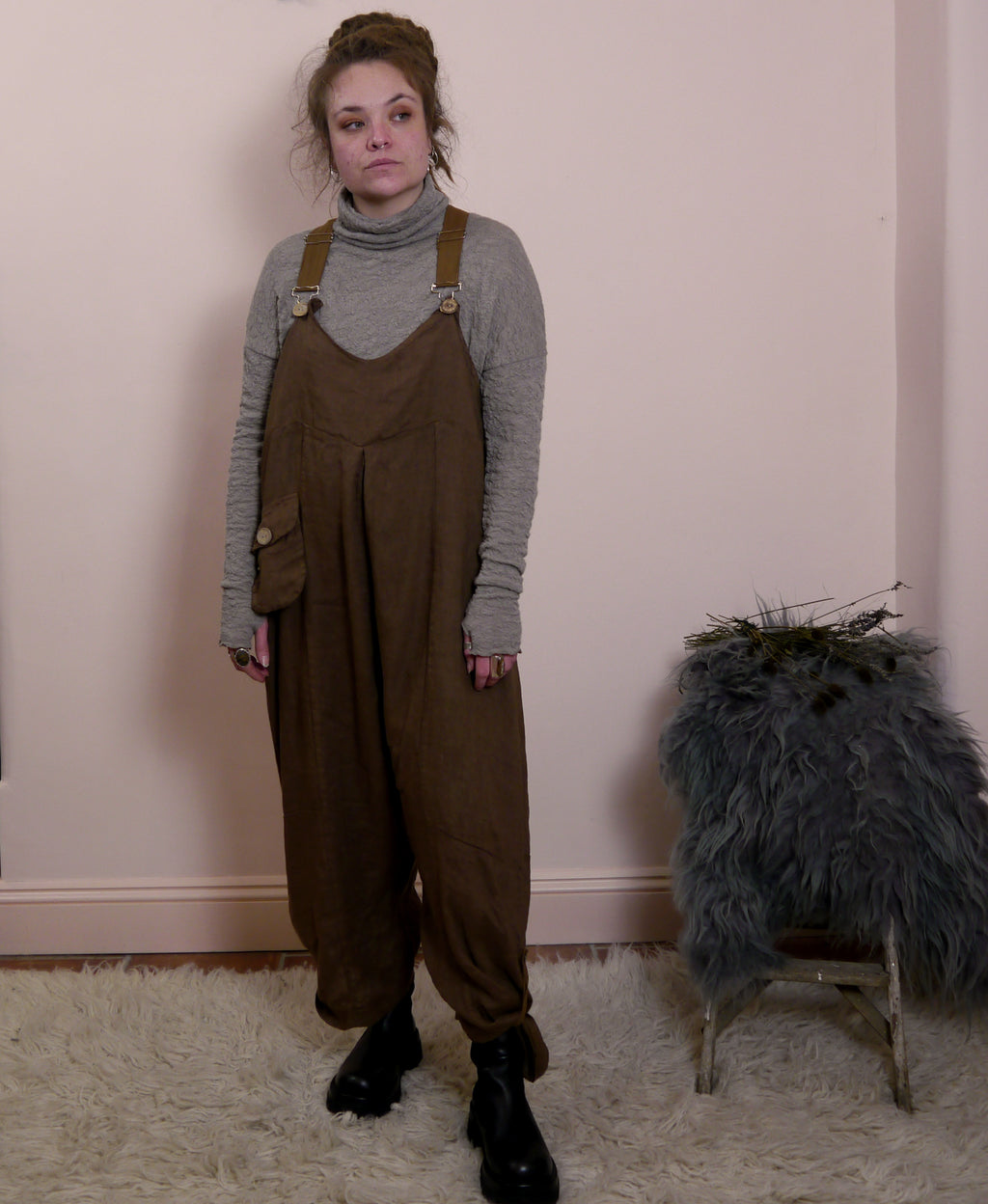 Linen Cocoon Dungarees with Buckles in Cocoa