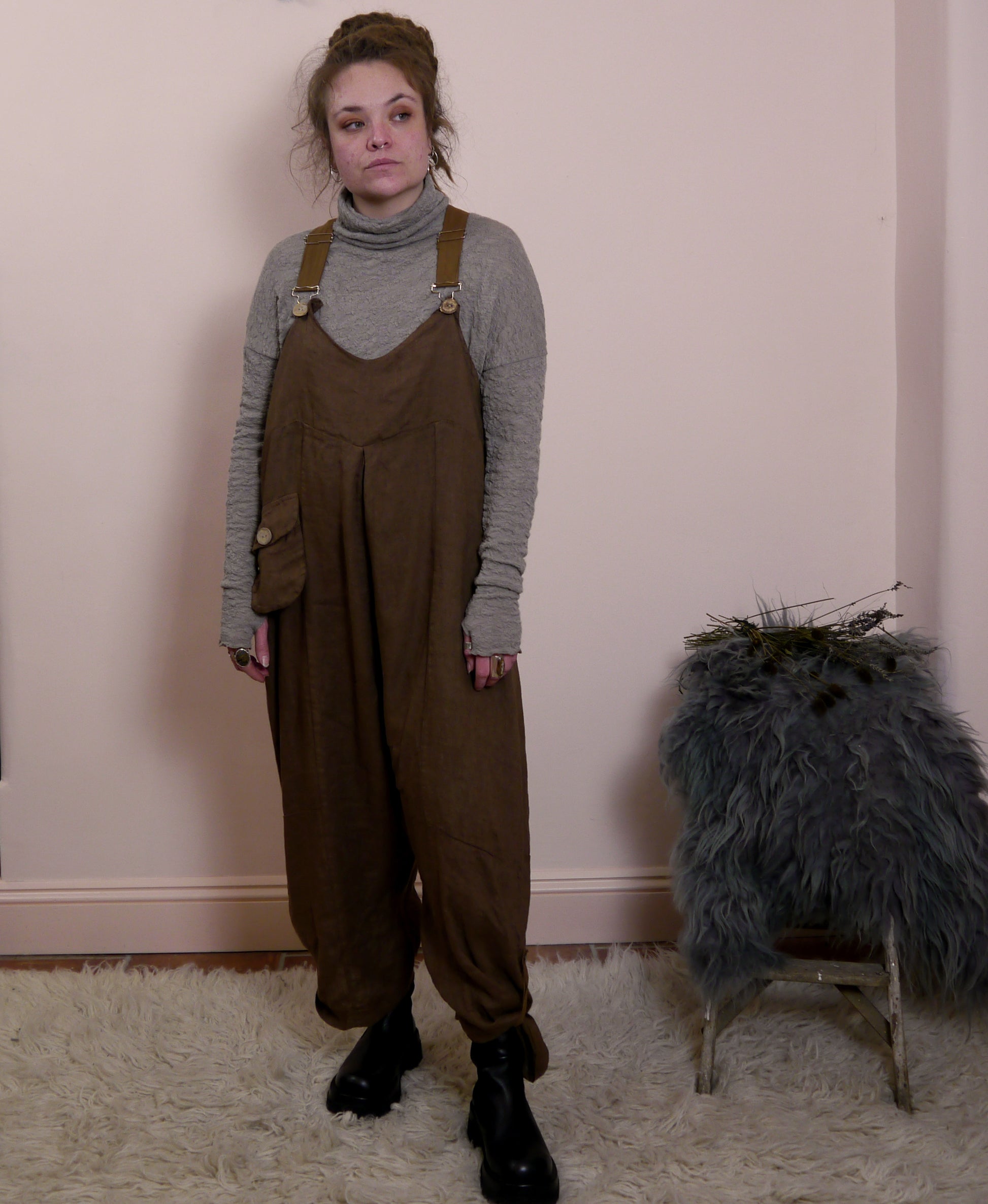 Linen Cocoon Dungarees with Buckles in Cocoa