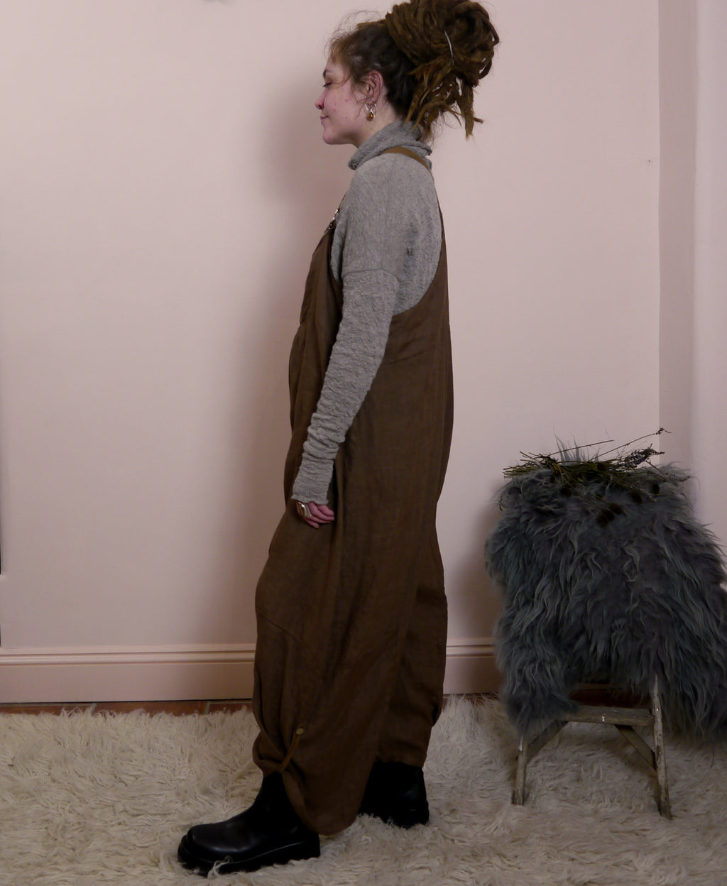 Linen Cocoon Dungarees with Buckles in Cocoa